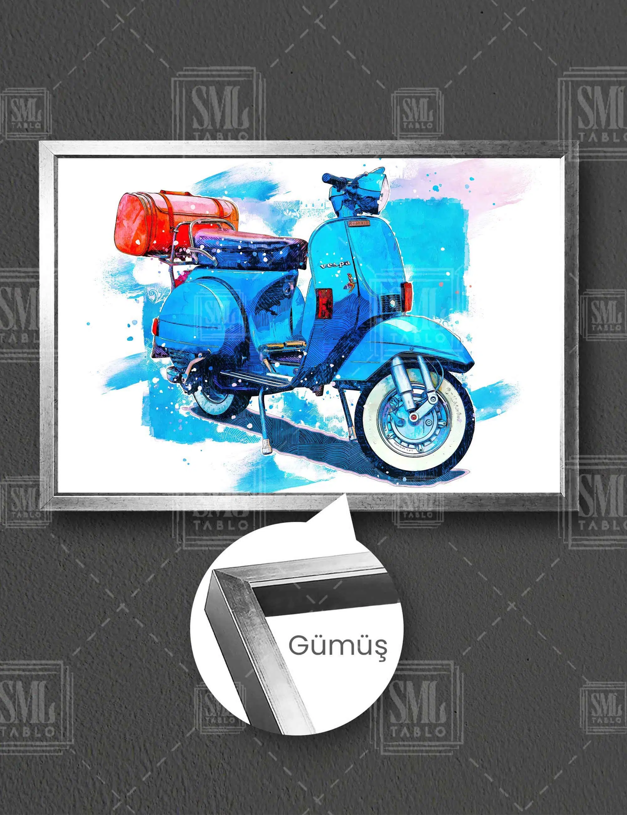 Mavi Vespa Kırmızı Çanta Motorsiklet Scoter Yatay Çerçeveli Kanvas Tablo - Gümüş