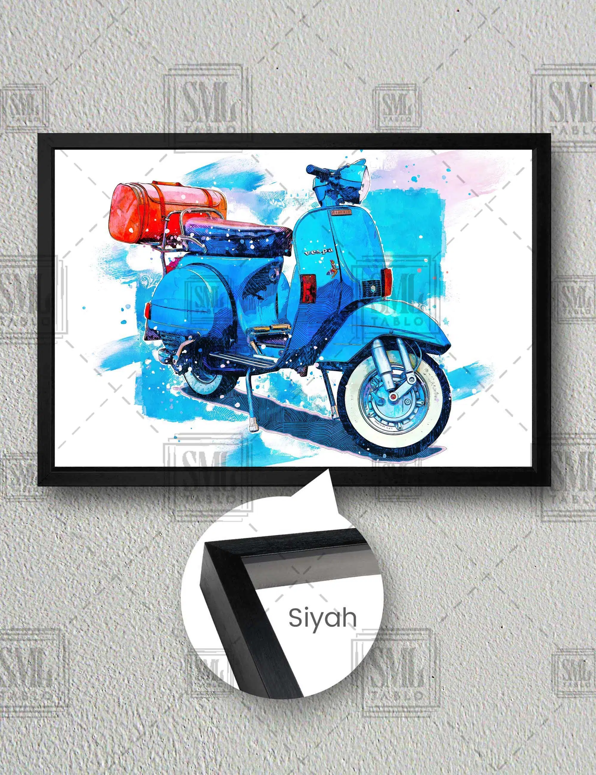 Mavi Vespa Kırmızı Çanta Motorsiklet Scoter Yatay Çerçeveli Kanvas Tablo - Siyah