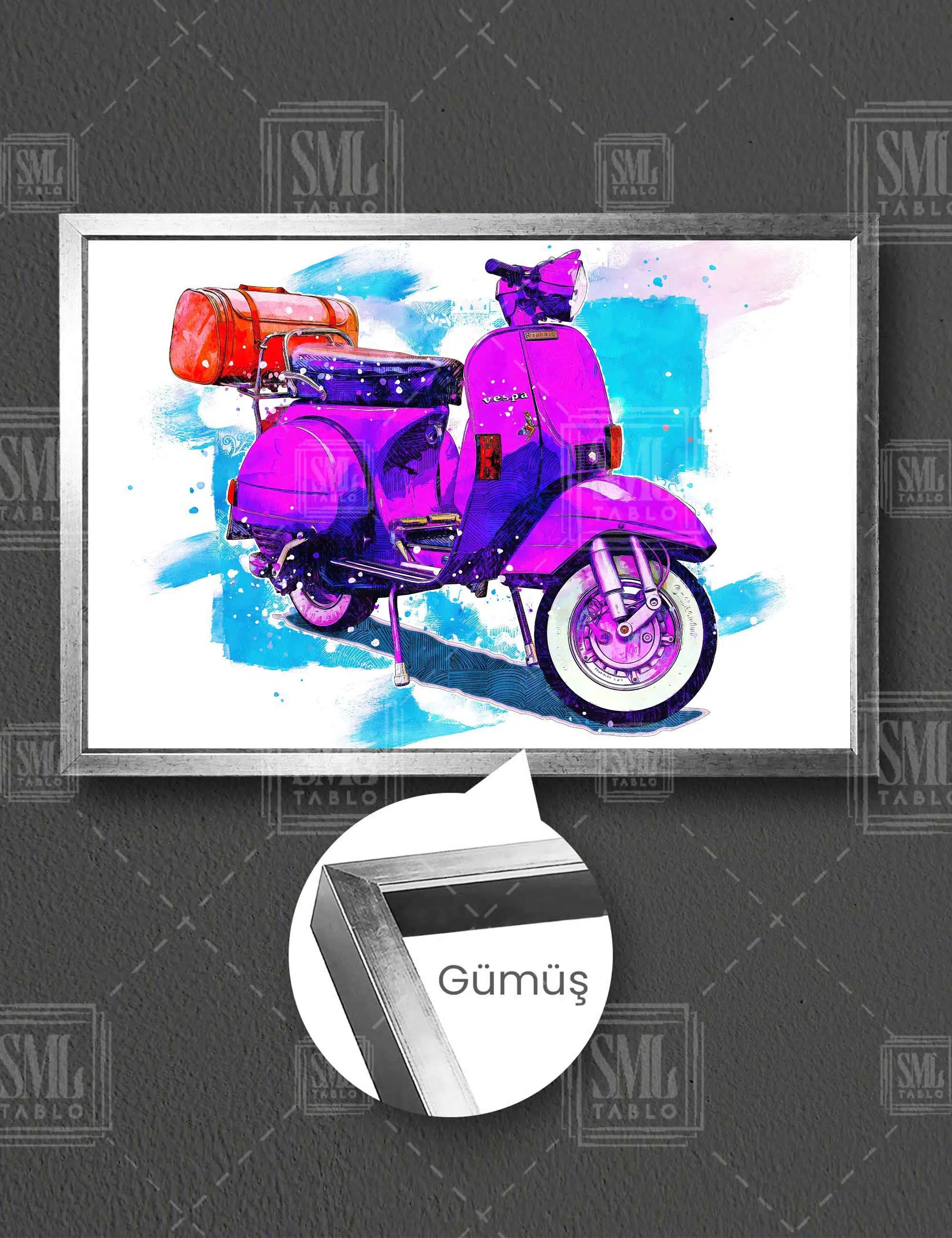 Mor Vespa Kırmızı Çanta Motorsiklet Scoter Yatay Çerçeveli Kanvas Tablo - Gümüş