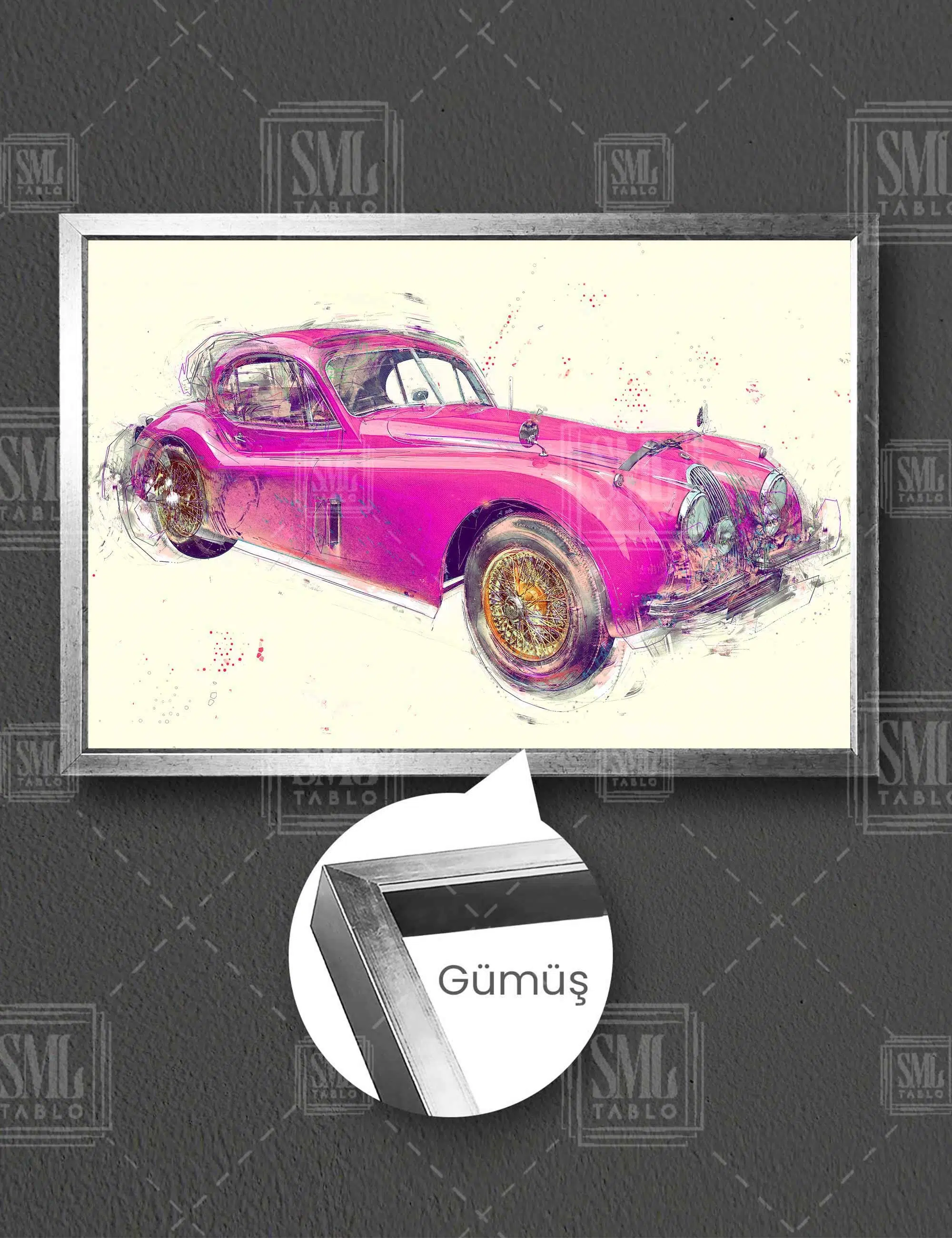 Pembe Eski Kadın Coupe Koleksiyon Araba Çizimi Yatay Çerçeveli Kanvas Tablo - Gümüş