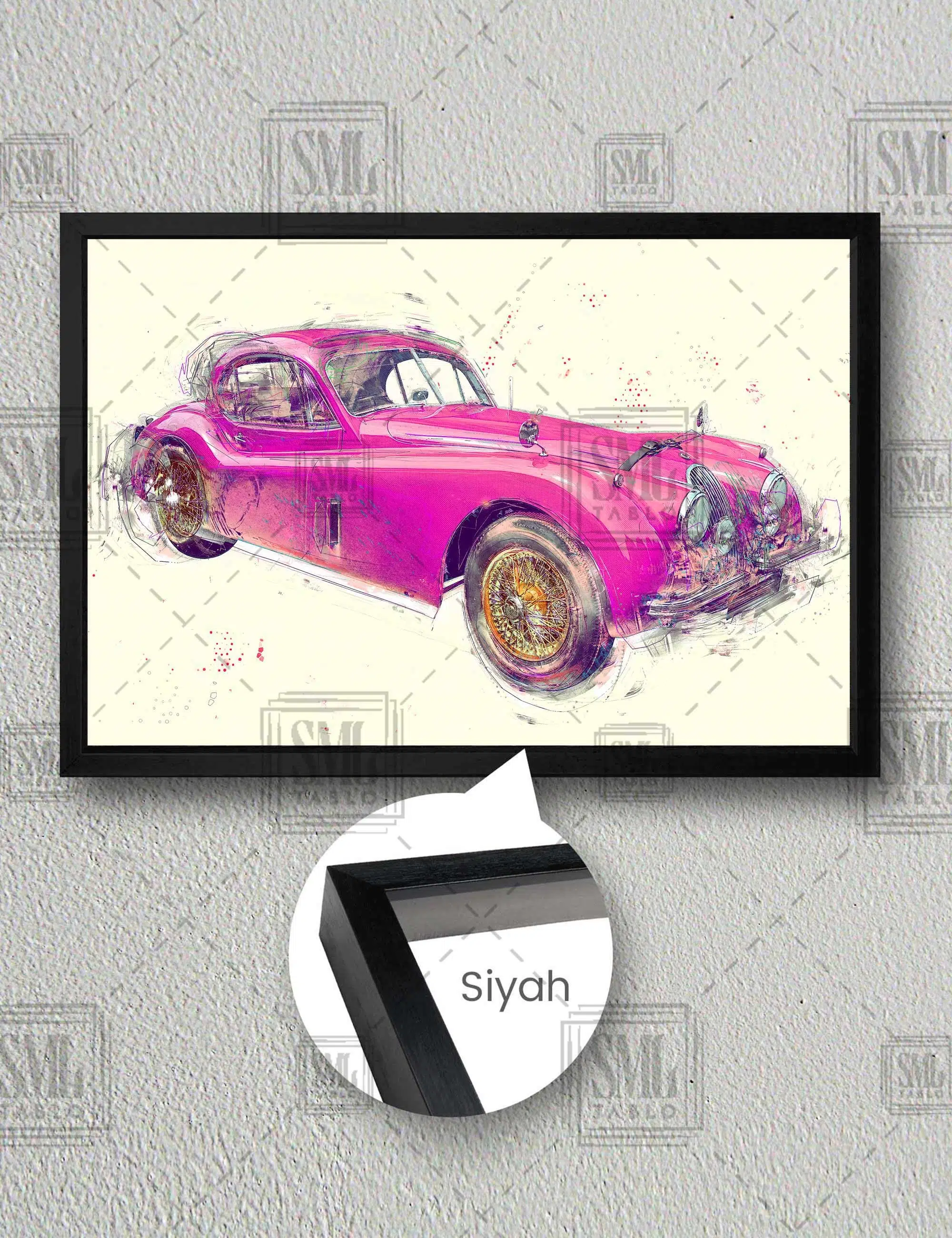 Pembe Eski Kadın Coupe Koleksiyon Araba Çizimi Yatay Çerçeveli Kanvas Tablo - Siyah