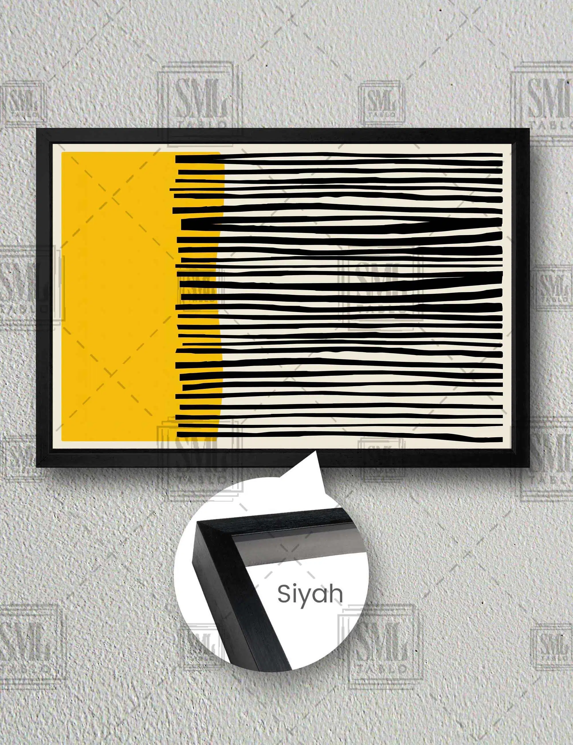 Sarı Ve Siyah Düz Uzun Çizgili Minimal Yatay Çerçeveli Kanvas Tablo - Siyah