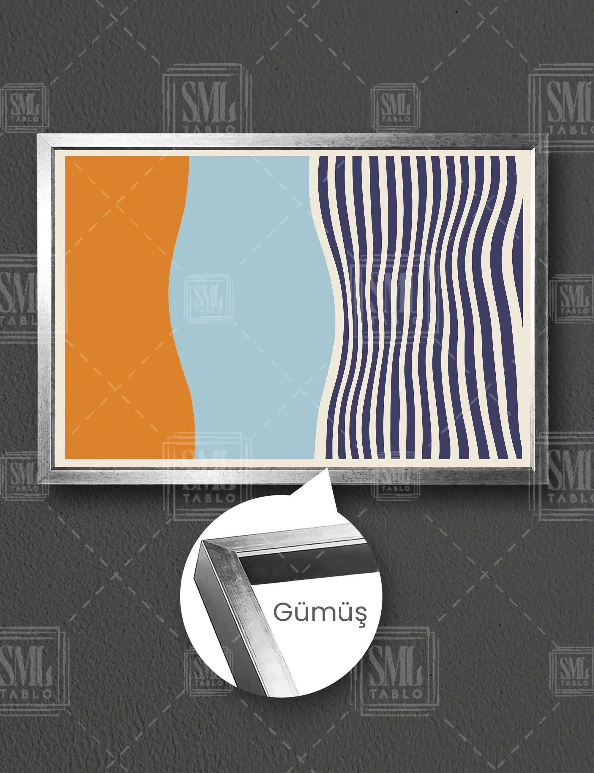 Turuncu Mavi Ve Lacivert Çizgili Boho Minimal Yatay Çerçeveli Kanvas Tablo - Gümüş