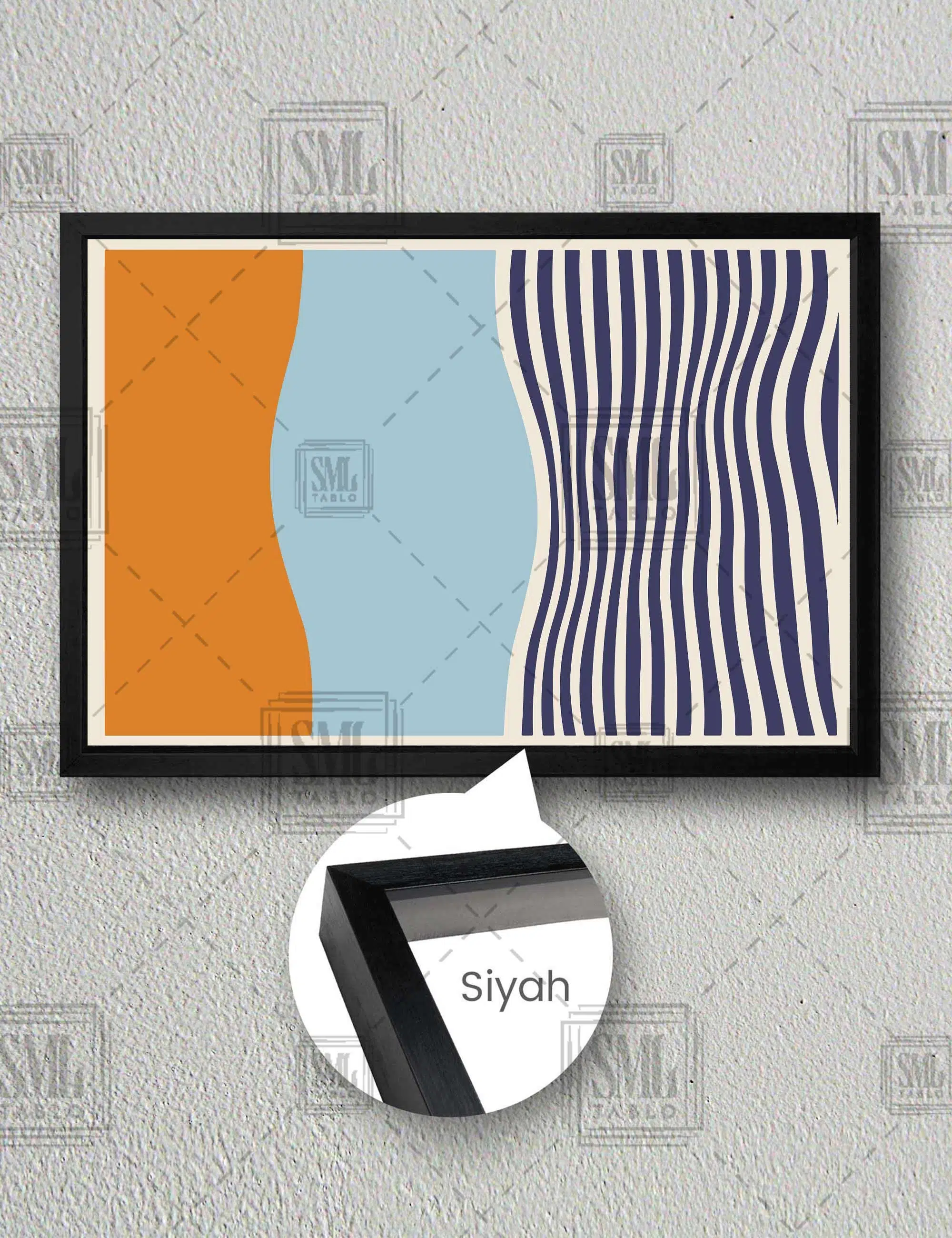 Turuncu Mavi Ve Lacivert Çizgili Boho Minimal Yatay Çerçeveli Kanvas Tablo - Siyah