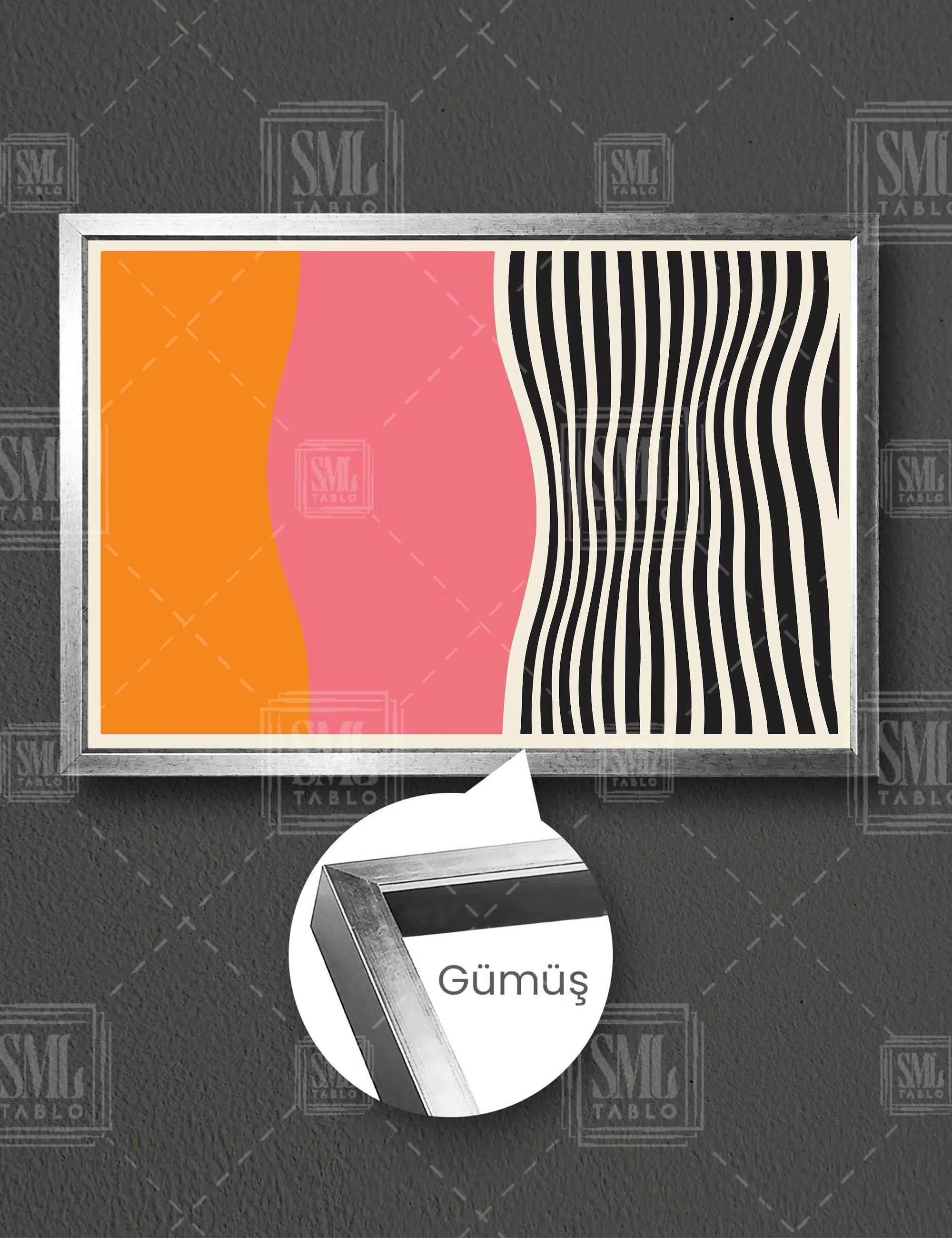 Turuncu Pembe Ve Siyah Çizgili Boho Minimal Yatay Çerçeveli Kanvas Tablo - Gümüş