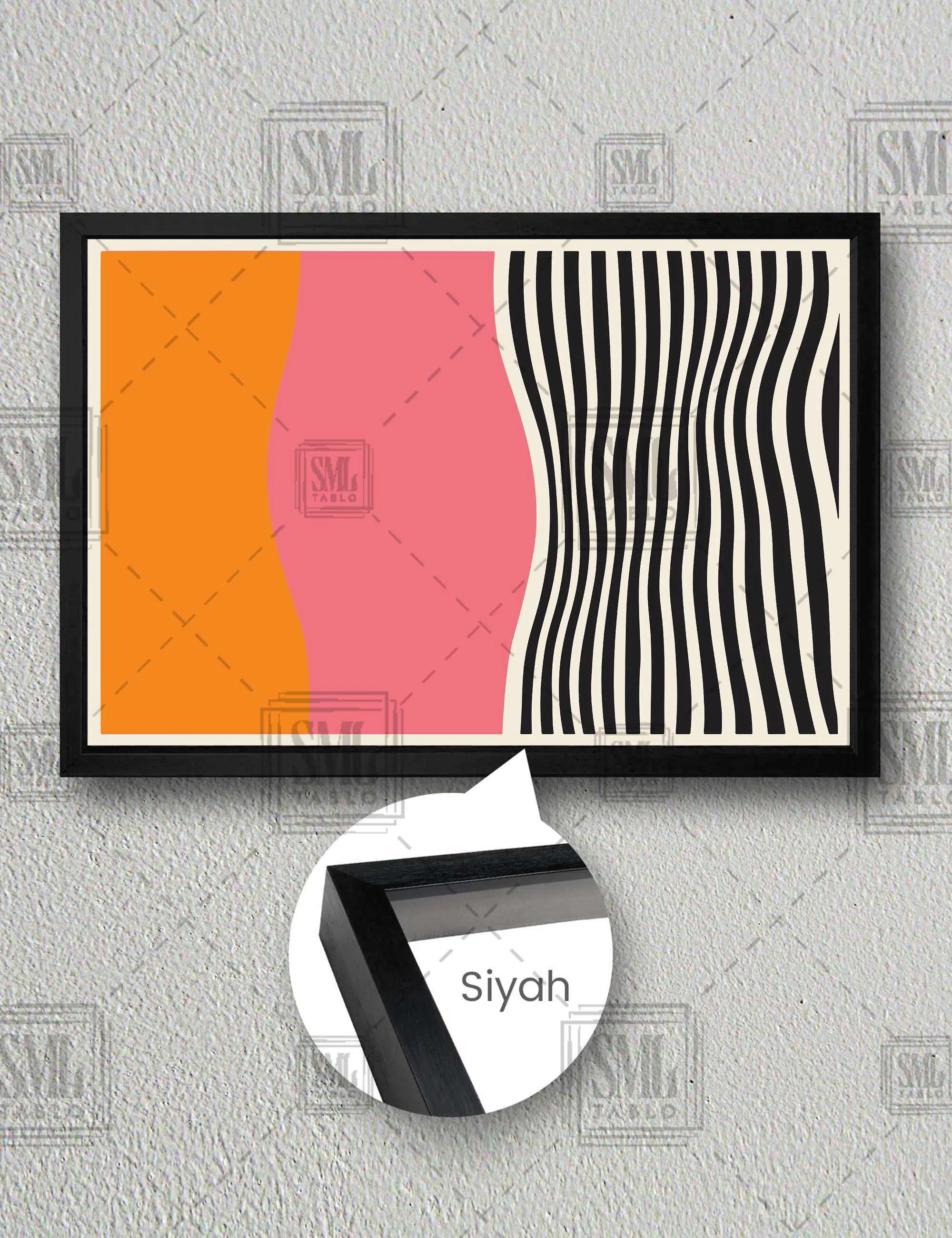 Turuncu Pembe Ve Siyah Çizgili Boho Minimal Yatay Çerçeveli Kanvas Tablo - Siyah