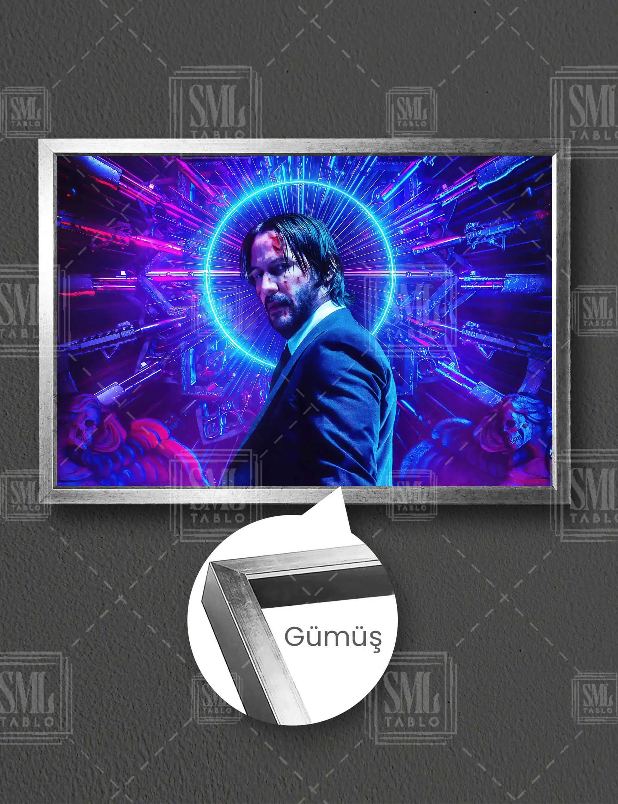 John Wick Neon Yuvarlak Işıklar Keanu Reeves Yatay Çerçeveli Kanvas Tablo - Gümüş
