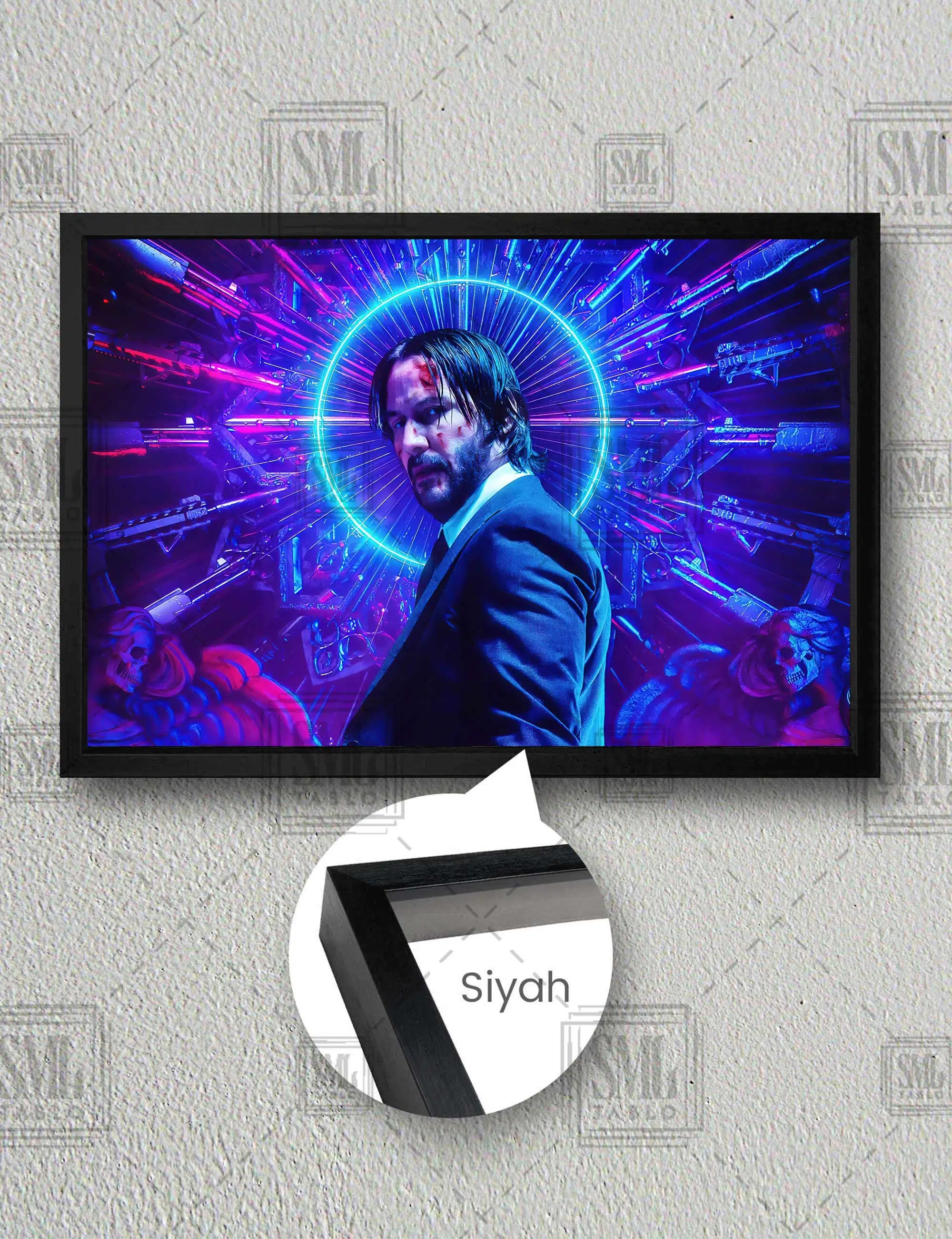 John Wick Neon Yuvarlak Işıklar Keanu Reeves Yatay Çerçeveli Kanvas Tablo - Siyah