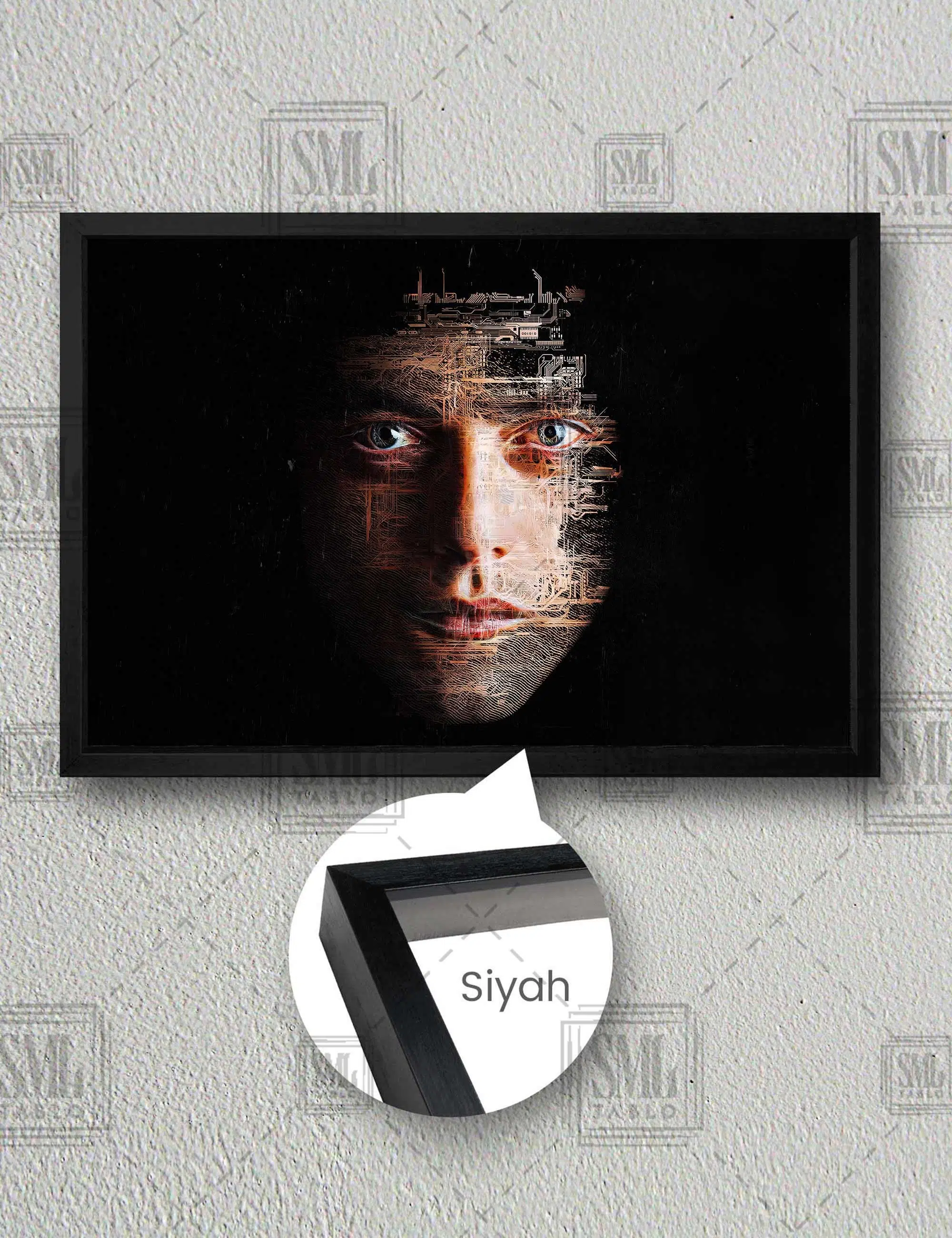 Mr Robot Hacker İşlemci Bilgisayar Parçaları Yüz Silüeti Yatay Çerçeveli Kanvas Tablo - Siyah
