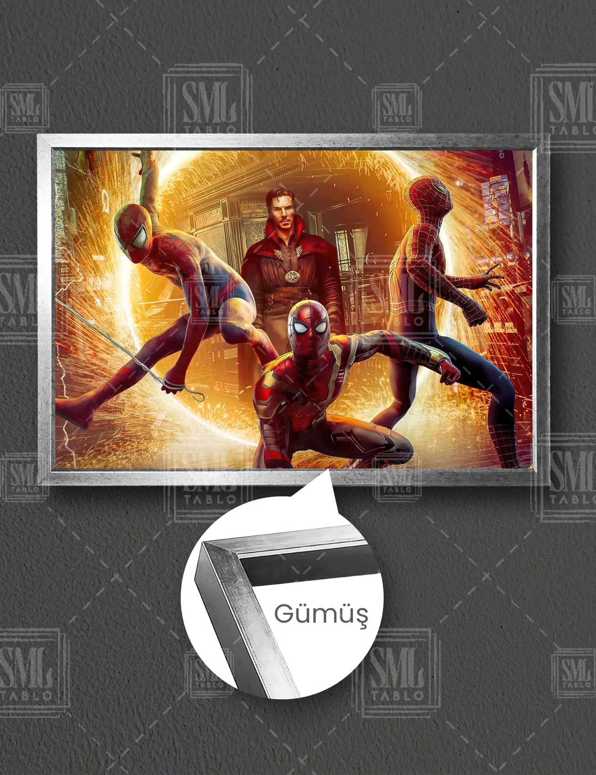 Spiderman Doctor Strange Marvel Karakterleri Yatay Çerçeveli Kanvas Tablo - Gümüş