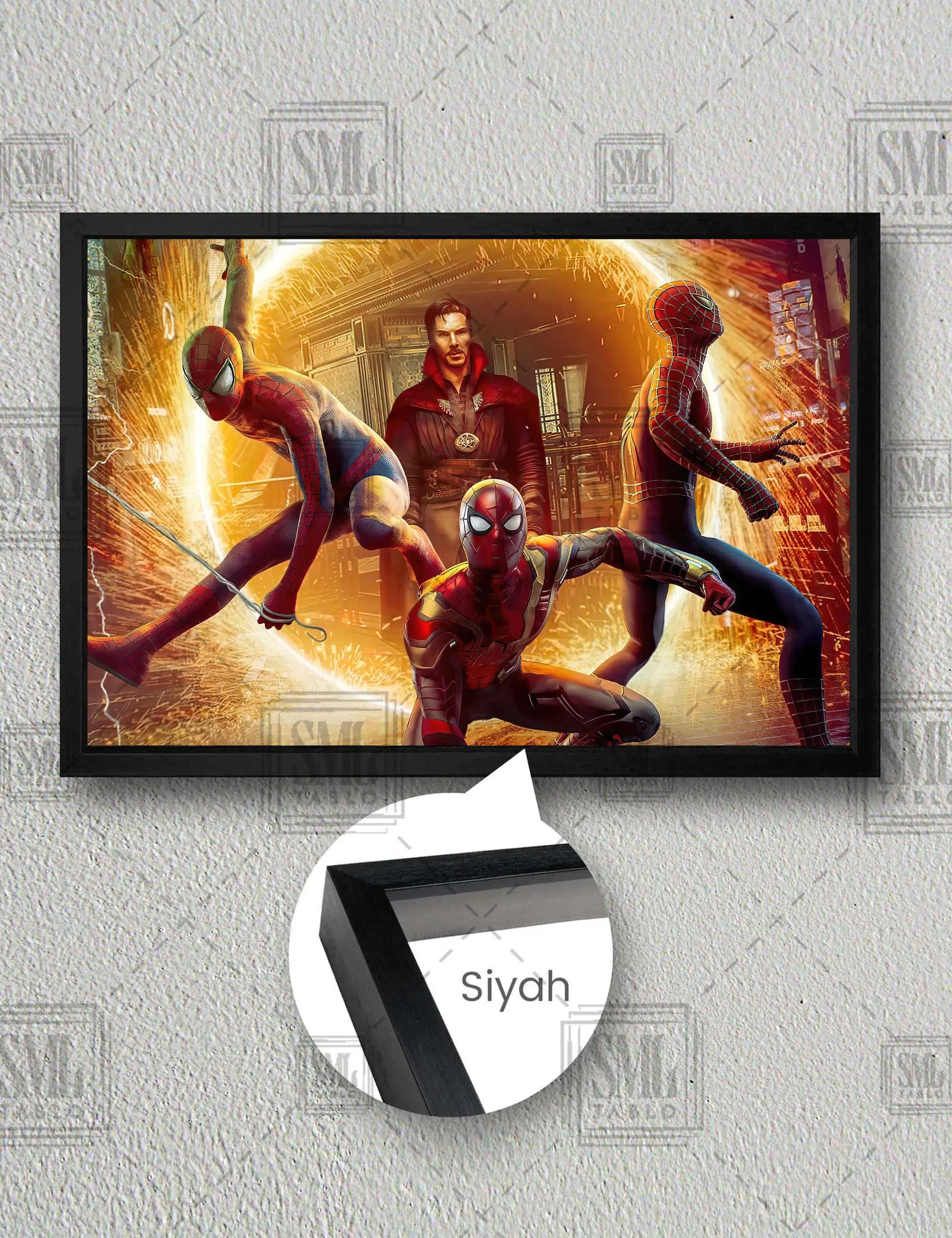 Spiderman Doctor Strange Marvel Karakterleri Yatay Çerçeveli Kanvas Tablo - Siyah