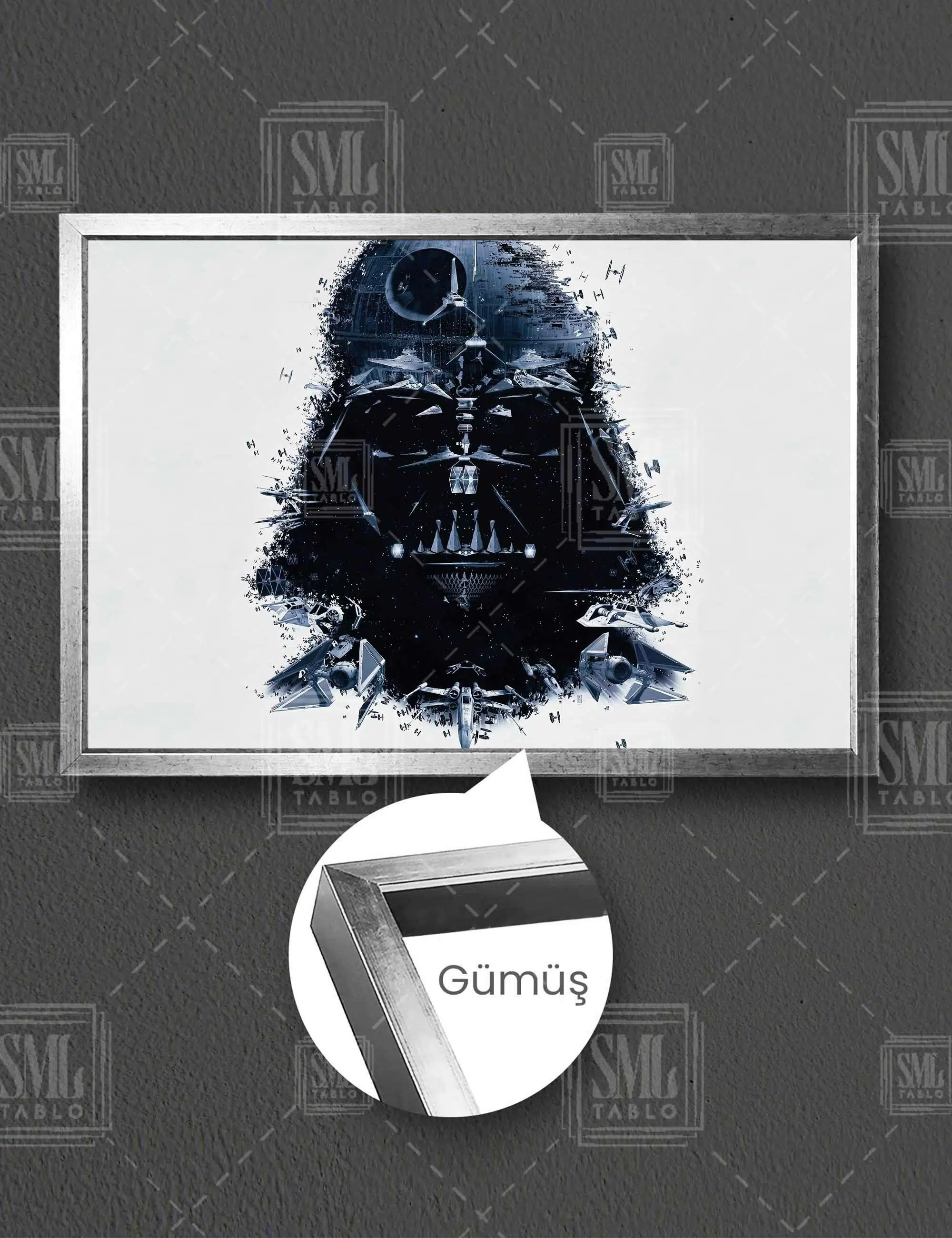 Star Wars Darth Vader Ve Uzay Gemileri Yatay Çerçeveli Kanvas Tablo - Gümüş