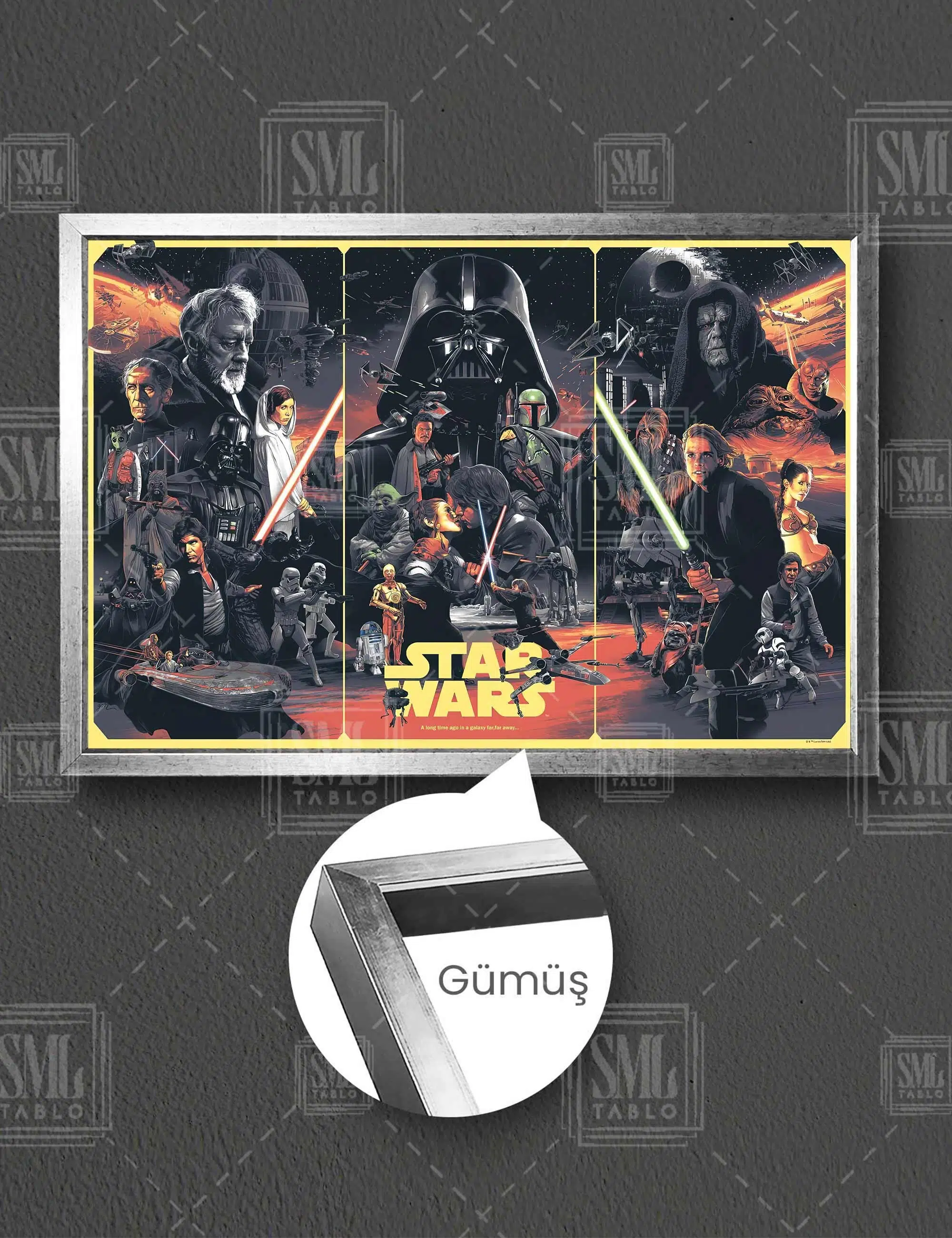 Star Wars Üçlemesi Galaksi Uzay Dart Wader Han Solo Prenses Lea Yatay Çerçeveli Kanvas Tablo - Gümüş