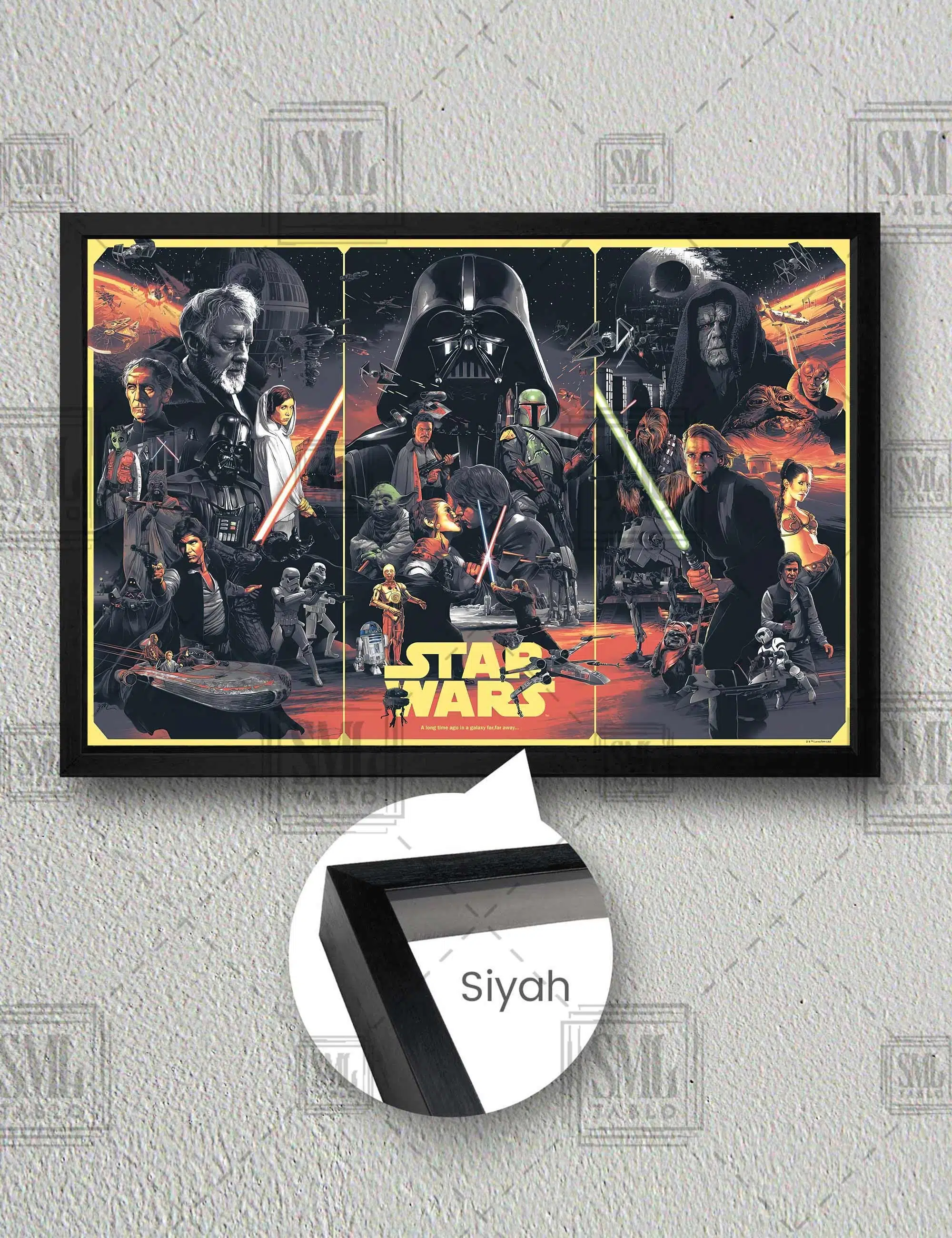 Star Wars Üçlemesi Galaksi Uzay Dart Wader Han Solo Prenses Lea Yatay Çerçeveli Kanvas Tablo - Siyah
