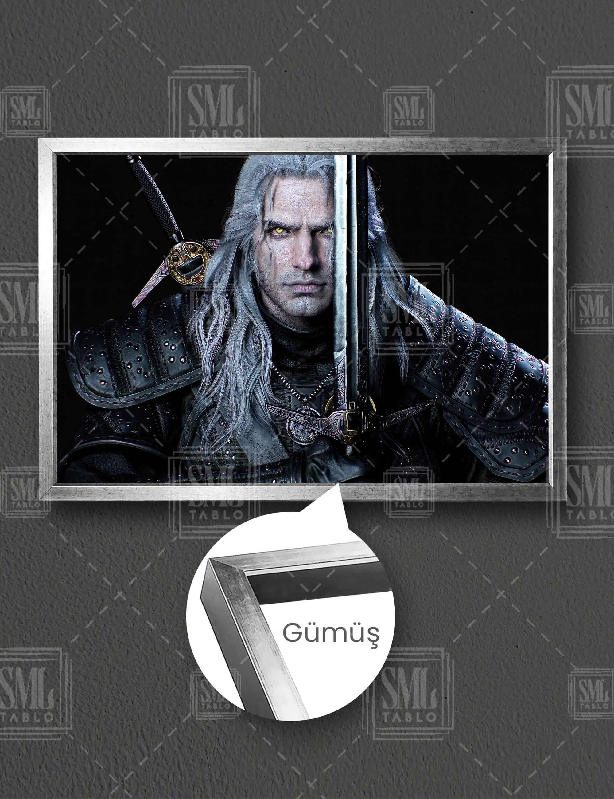 The Witcher Büyücü Dizisi Kılıçlı Gri Saçlı Adam Henry Cavill Yatay Çerçeveli Kanvas Tablo - Gümüş