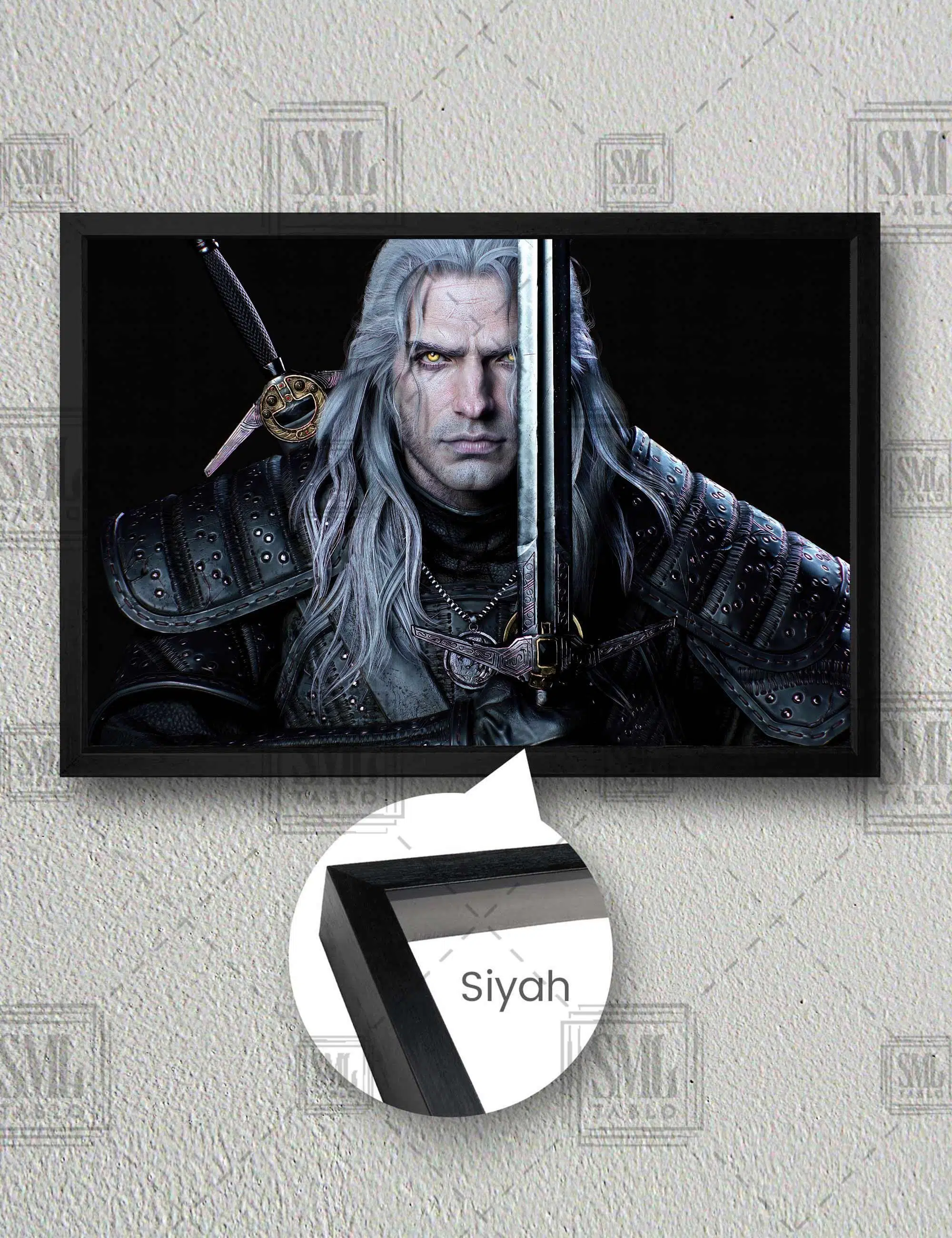 The Witcher Büyücü Dizisi Kılıçlı Gri Saçlı Adam Henry Cavill Yatay Çerçeveli Kanvas Tablo - Siyah