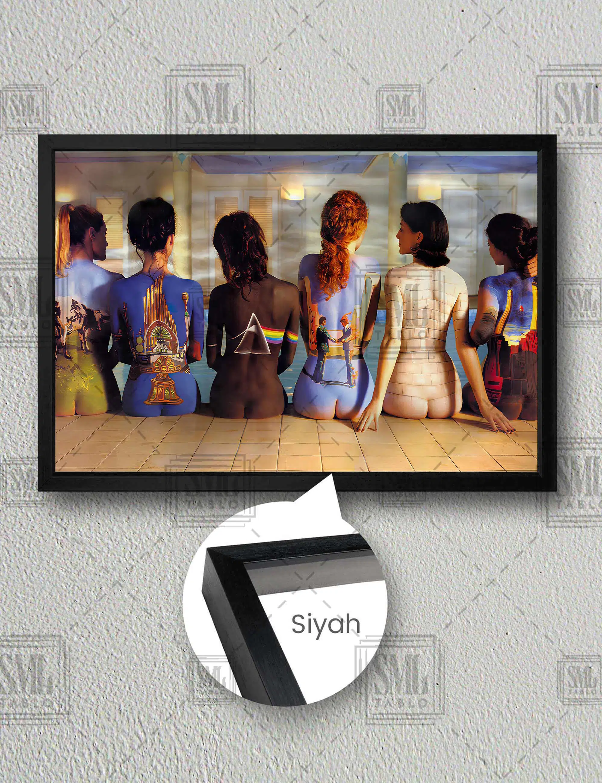 Kadınların Vücutlarına Çizilmiş Pink Floyd Kapakları Yatay Çerçeveli Kanvas Tablo - Siyah
