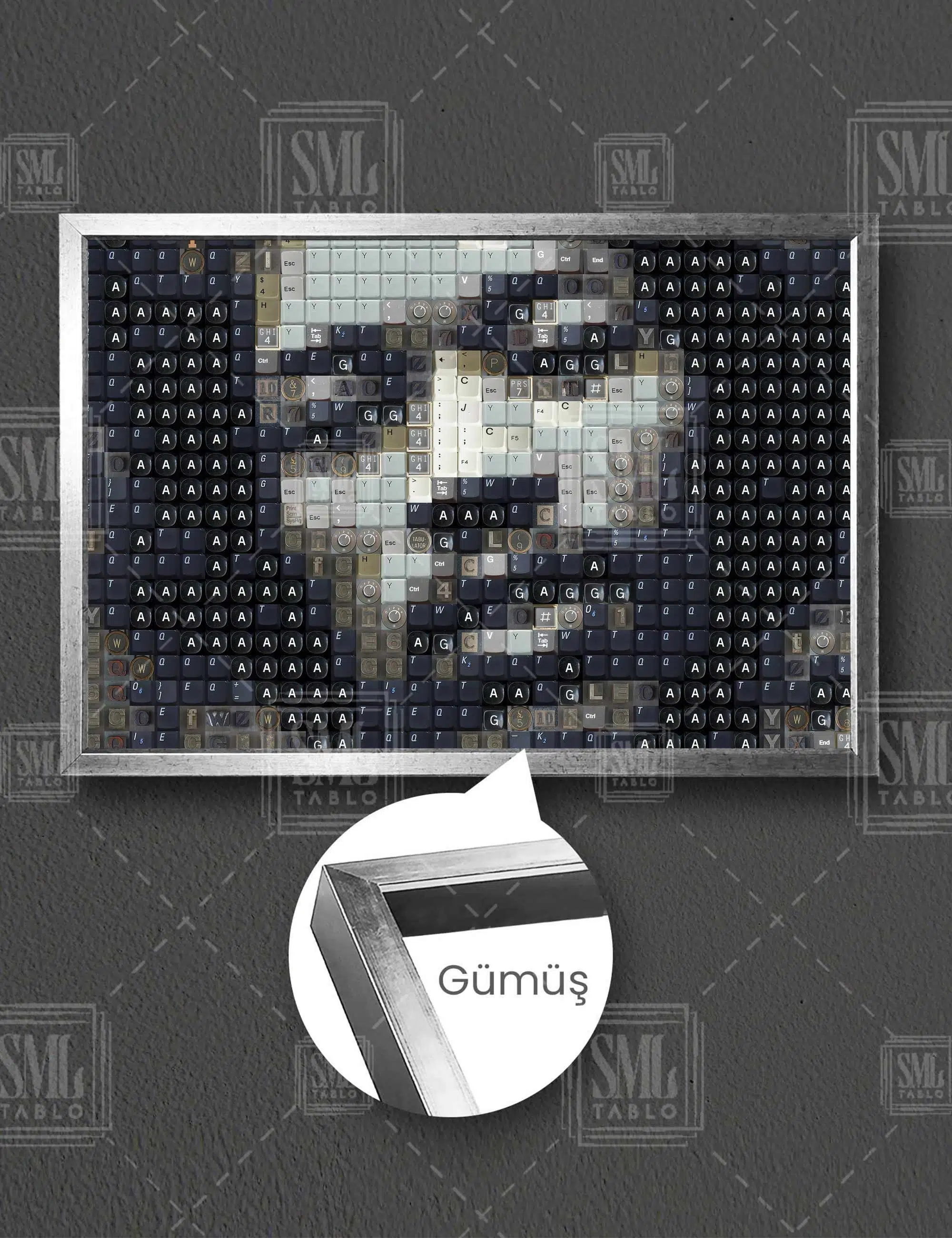 Tuşlardan Oluşan Jimi Hendrix Portresi Yatay Çerçeveli Kanvas Tablo - Gümüş