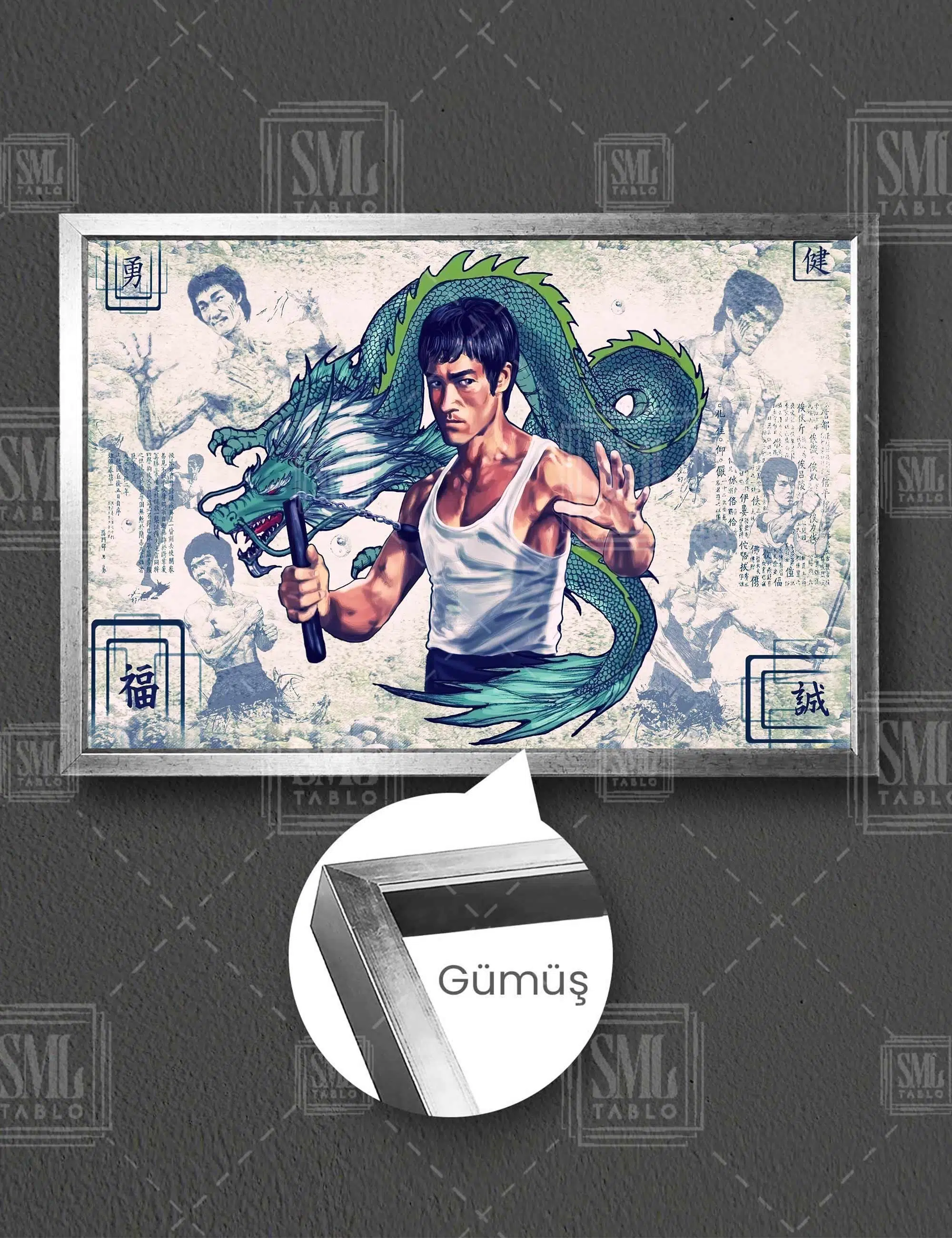 Uzak Doğu Dövüş Sanatları Ustası Bruce Lee Ve Ejderha Yatay Çerçeveli Kanvas Tablo - Gümüş
