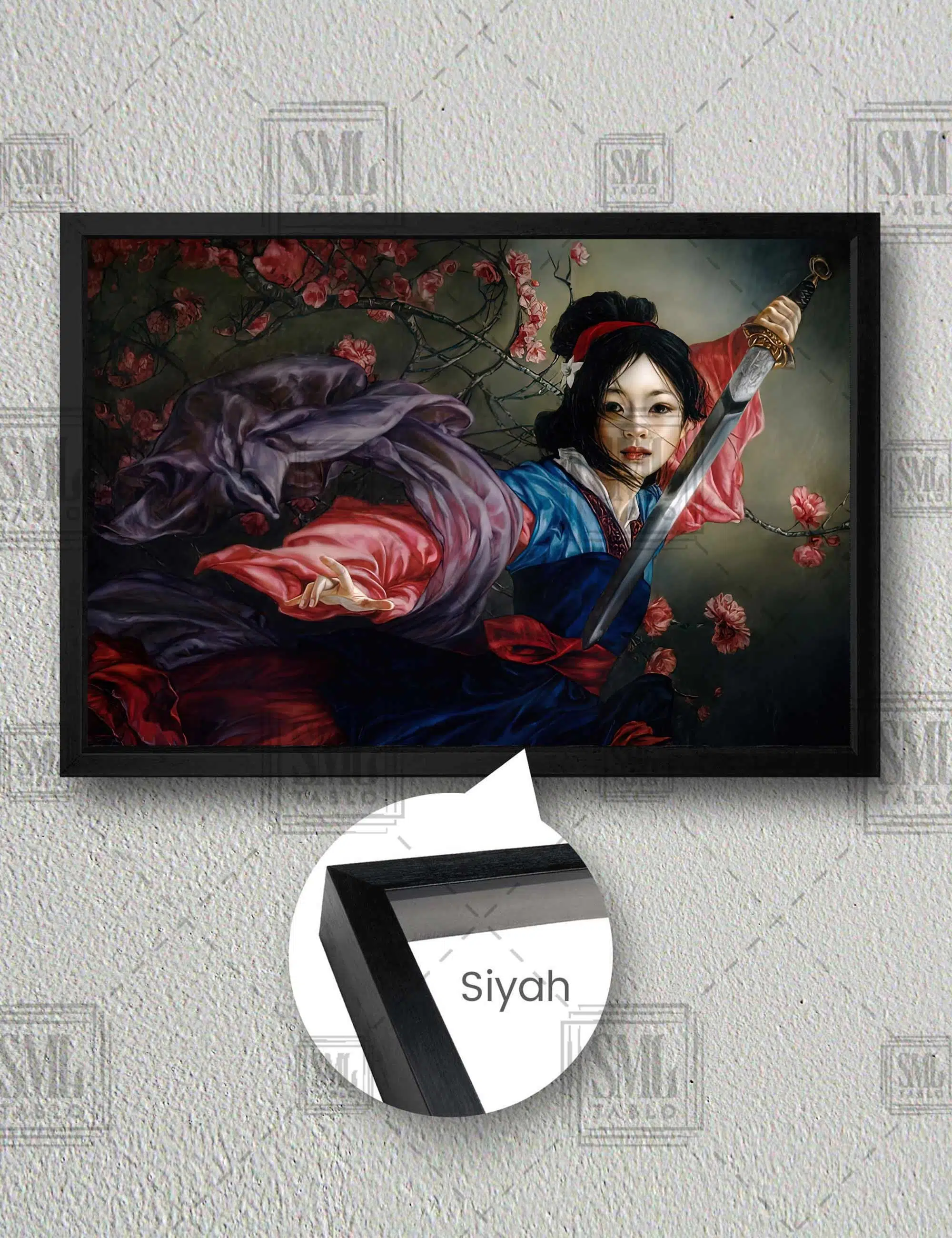 Asyalı Kılıçlı Geleneksel Kıyafetli Savaşçı Kadın Ve Sakura Ağacı Yatay Çerçeveli Kanvas Tablo - Siyah