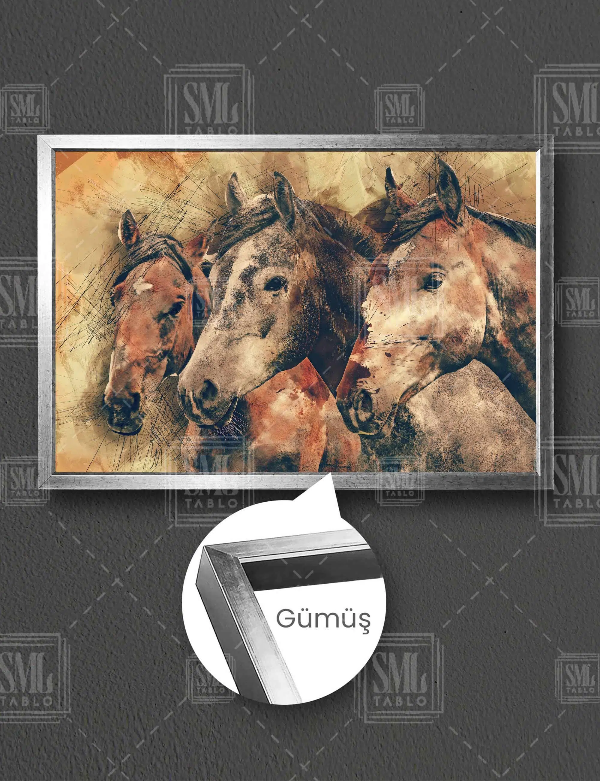 Atlar Ve Çizgiler Horse At Sürüsü Kahverengi Asil Atlar Yatay Çerçeveli Kanvas Tablo - Gümüş