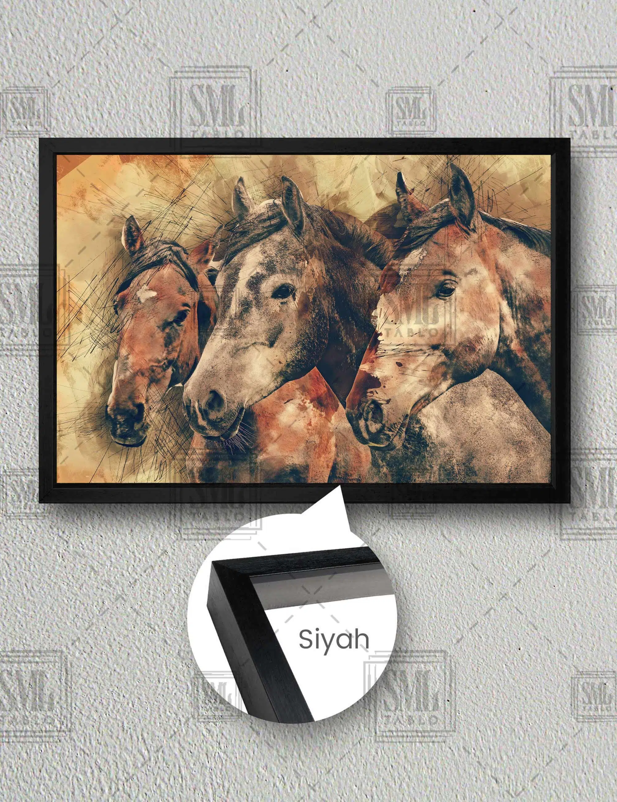 Atlar Ve Çizgiler Horse At Sürüsü Kahverengi Asil Atlar Yatay Çerçeveli Kanvas Tablo - Siyah