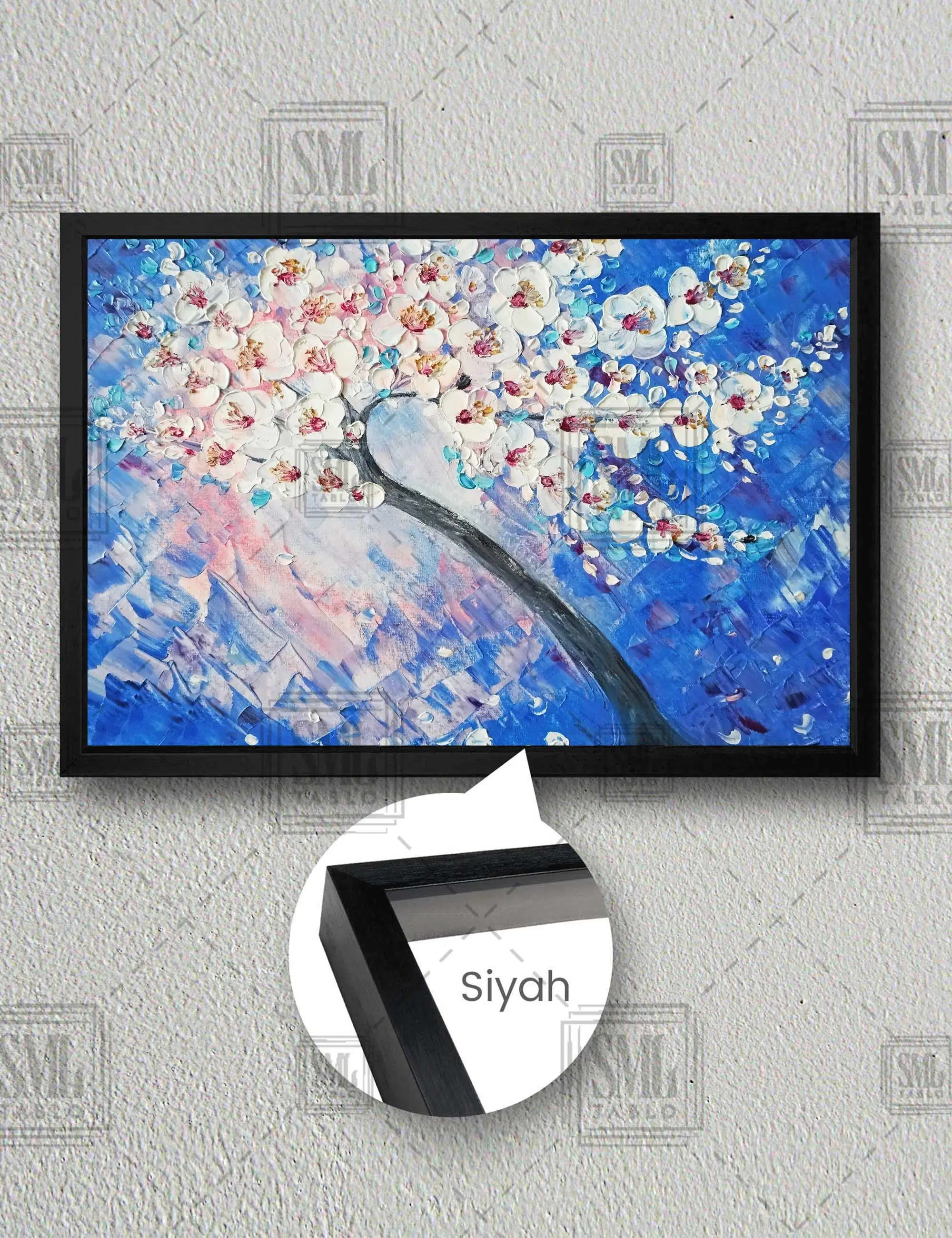 Beyaz Badem Çiçekleri Yatay Çerçeveli Kanvas Tablo - Siyah