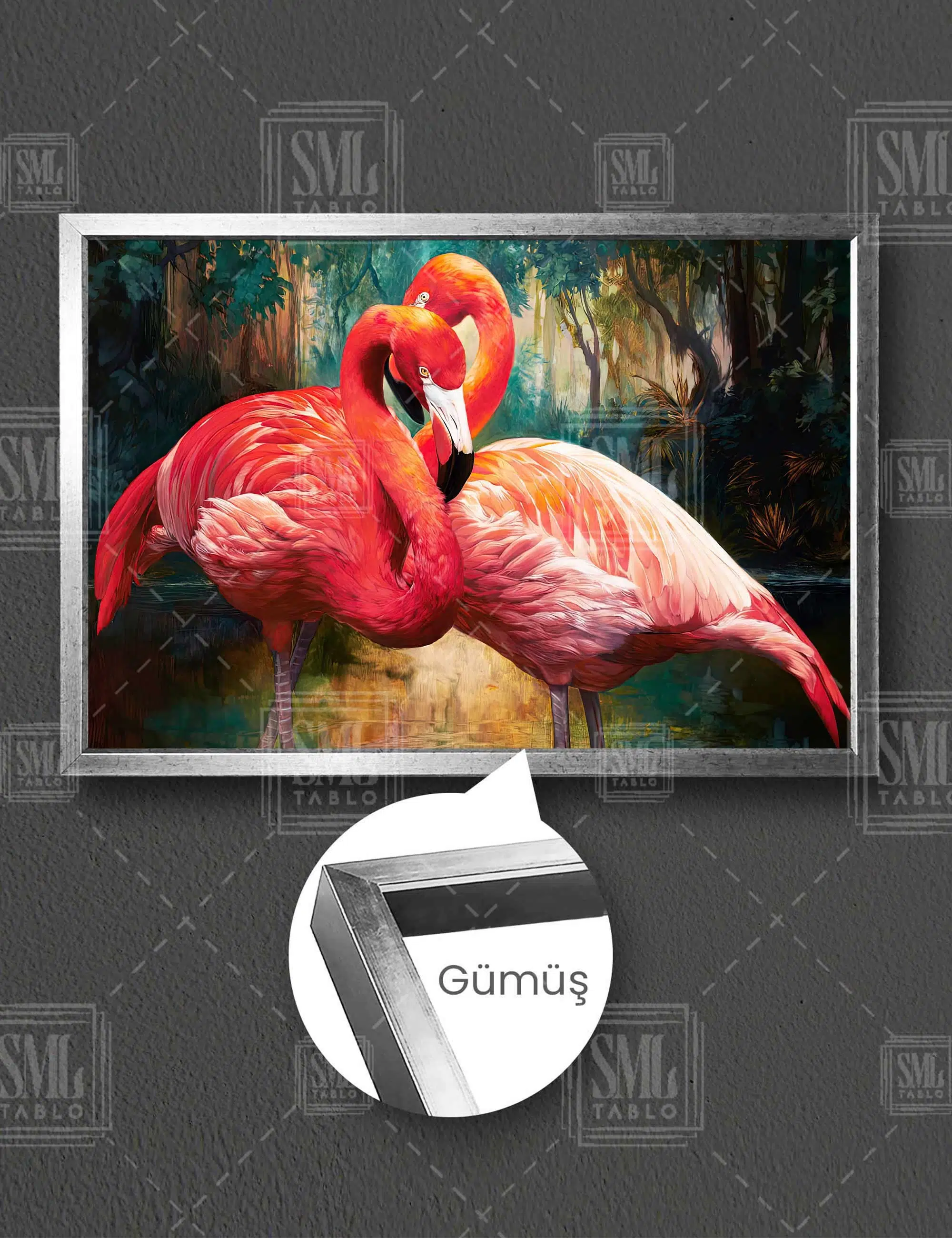 Flamingo Tropik Orman Pembe Dev Kuş Yatay Çerçeveli Kanvas Tablo - Gümüş