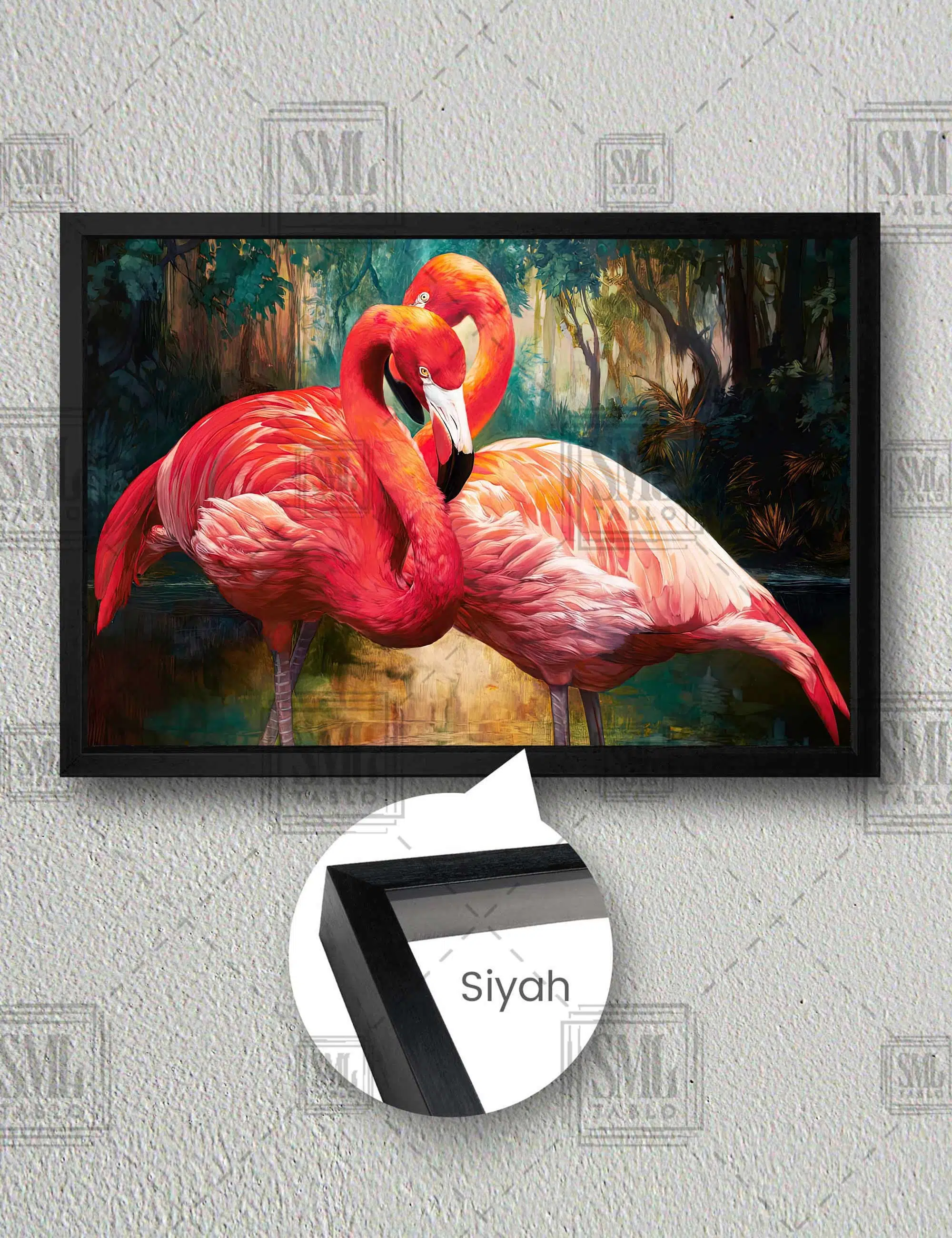 Flamingo Tropik Orman Pembe Dev Kuş Yatay Çerçeveli Kanvas Tablo - Siyah