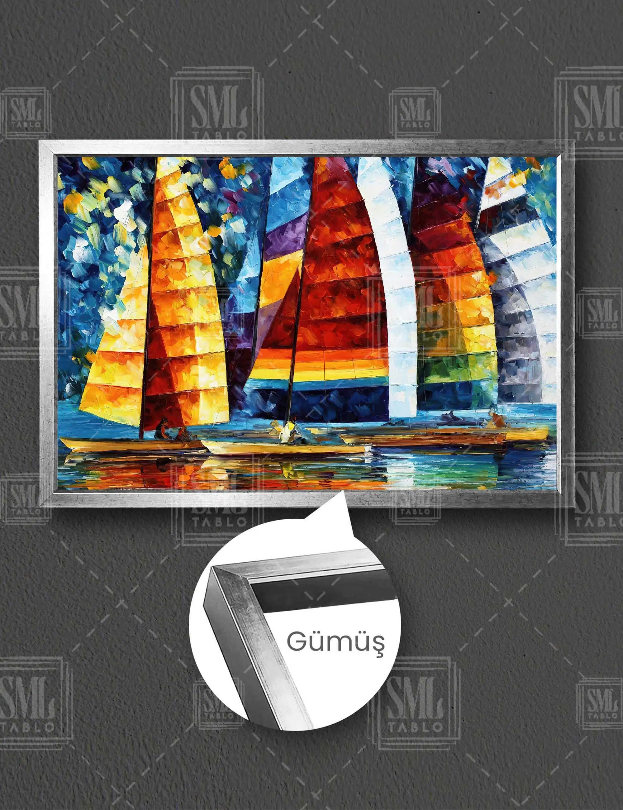 Günbatımı Yelkenliler Soyut Sanat Yatay Çerçeveli Kanvas Tablo - Gümüş