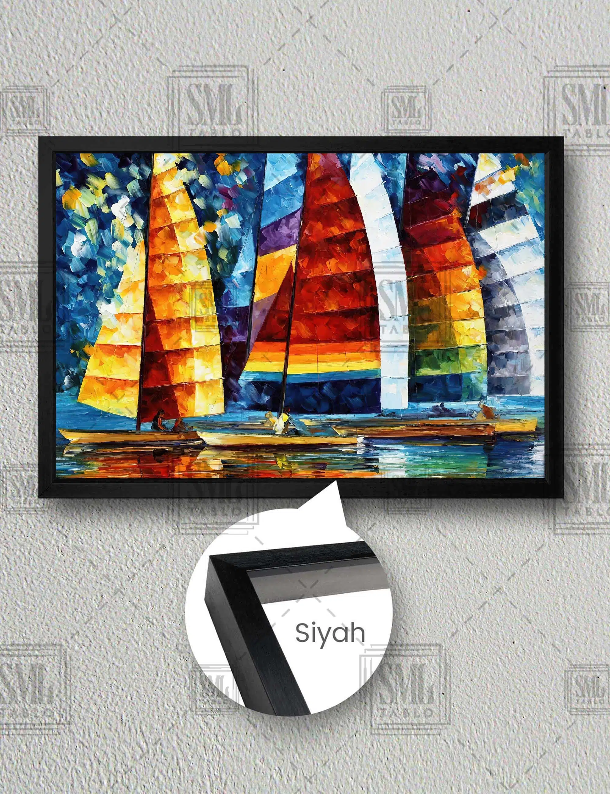 Günbatımı Yelkenliler Soyut Sanat Yatay Çerçeveli Kanvas Tablo - Siyah