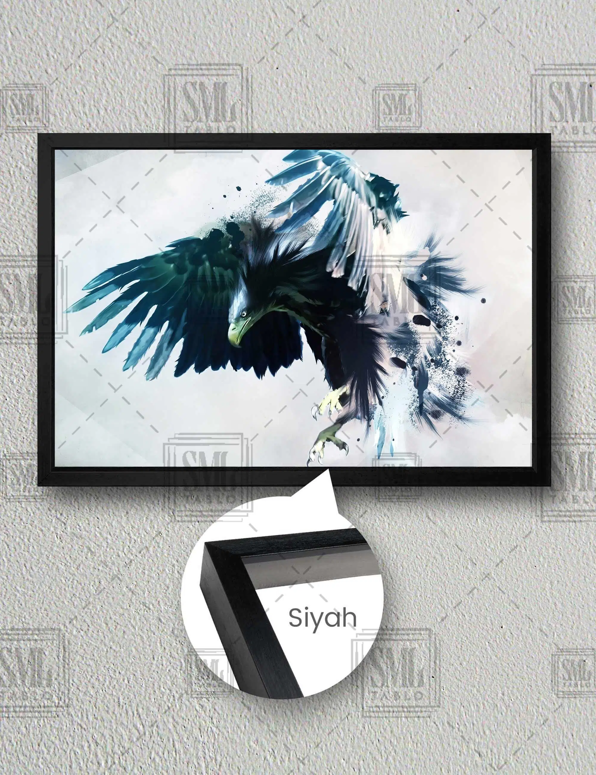 Kanatlarını Açmış Uçan Kara Kartal Yatay Çerçeveli Kanvas Tablo - Siyah
