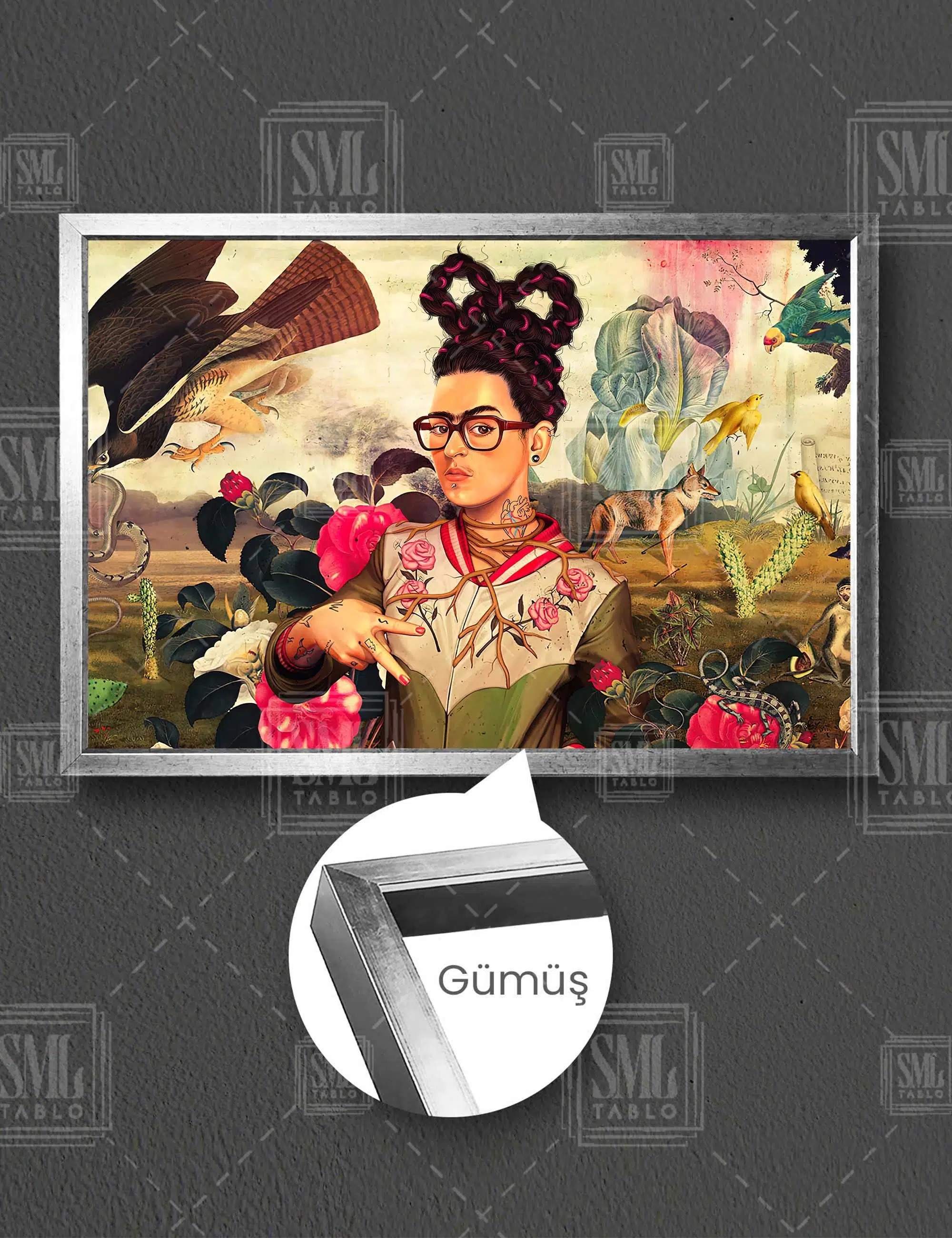 Modern Gözlüklü Frida Kahlo Piercing Hayvanlar Yatay Çerçeveli Kanvas Tablo - Gümüş