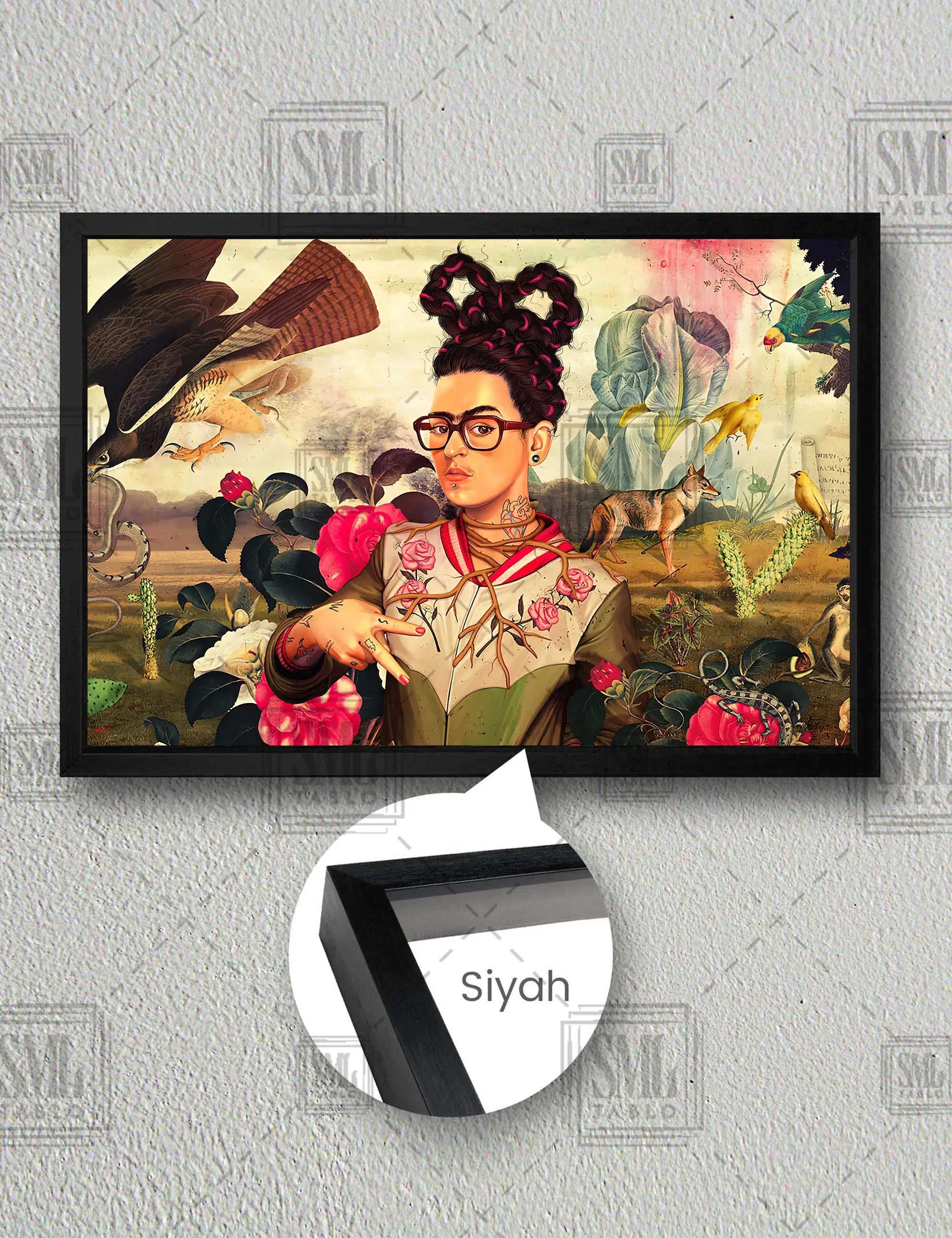 Modern Gözlüklü Frida Kahlo Piercing Hayvanlar Yatay Çerçeveli Kanvas Tablo - Siyah