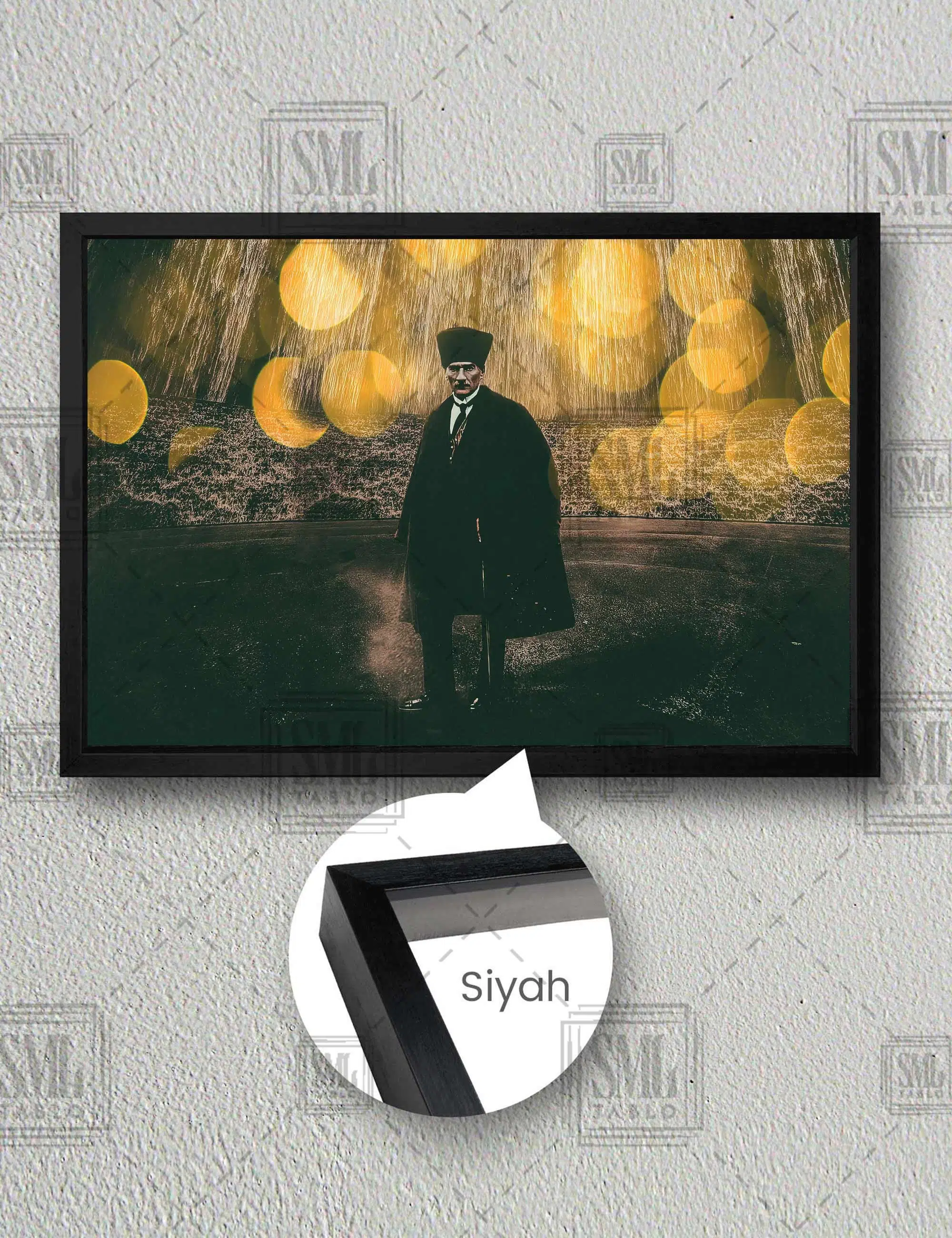 Mustafa Kemal Atatürk Orman İçinde Işık Yansımaları Yatay Çerçeveli Kanvas Tablo - Siyah