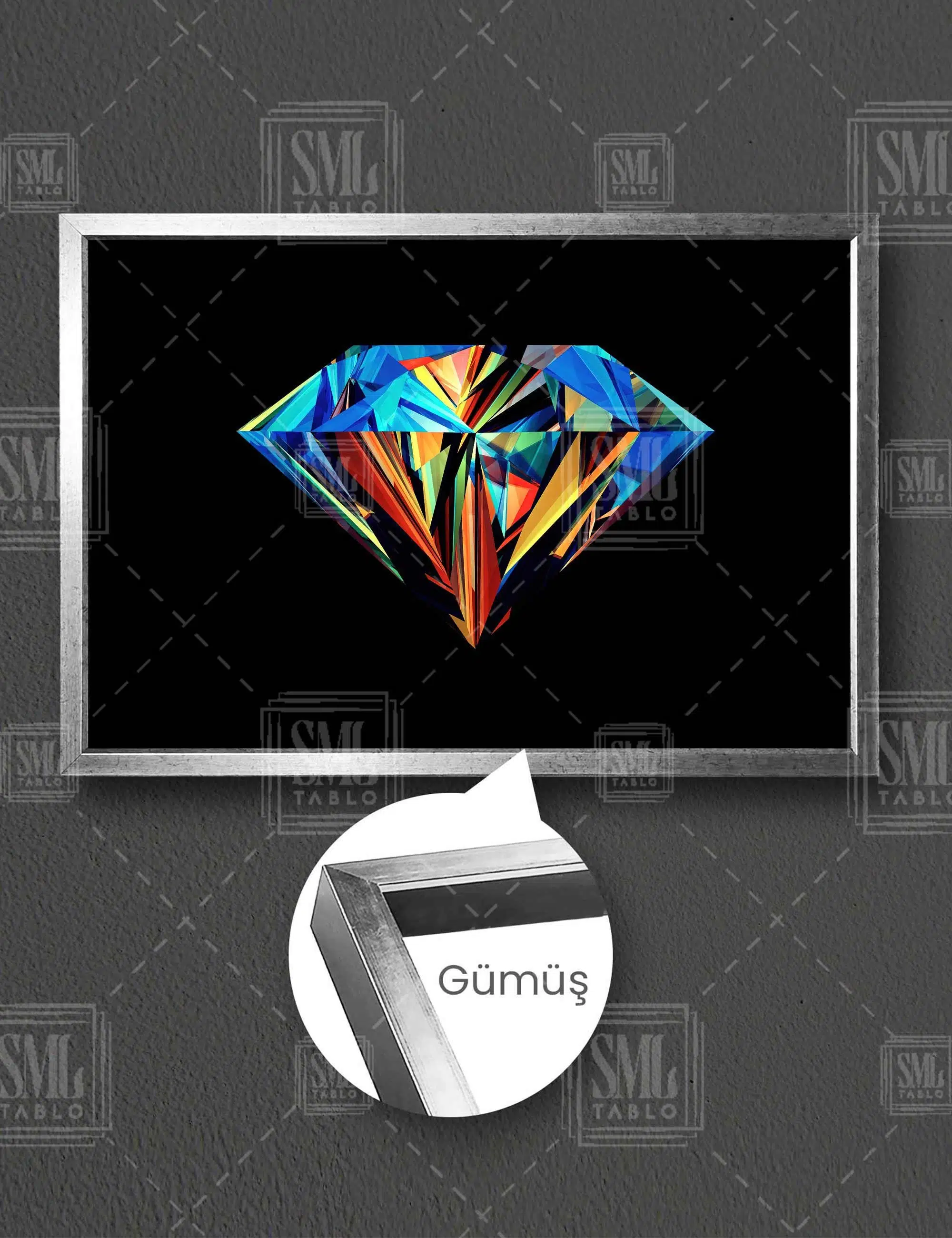 Renkli Elmas İlüstrasyon Diamond Aiyah Fon Yatay Çerçeveli Kanvas Tablo - Gümüş