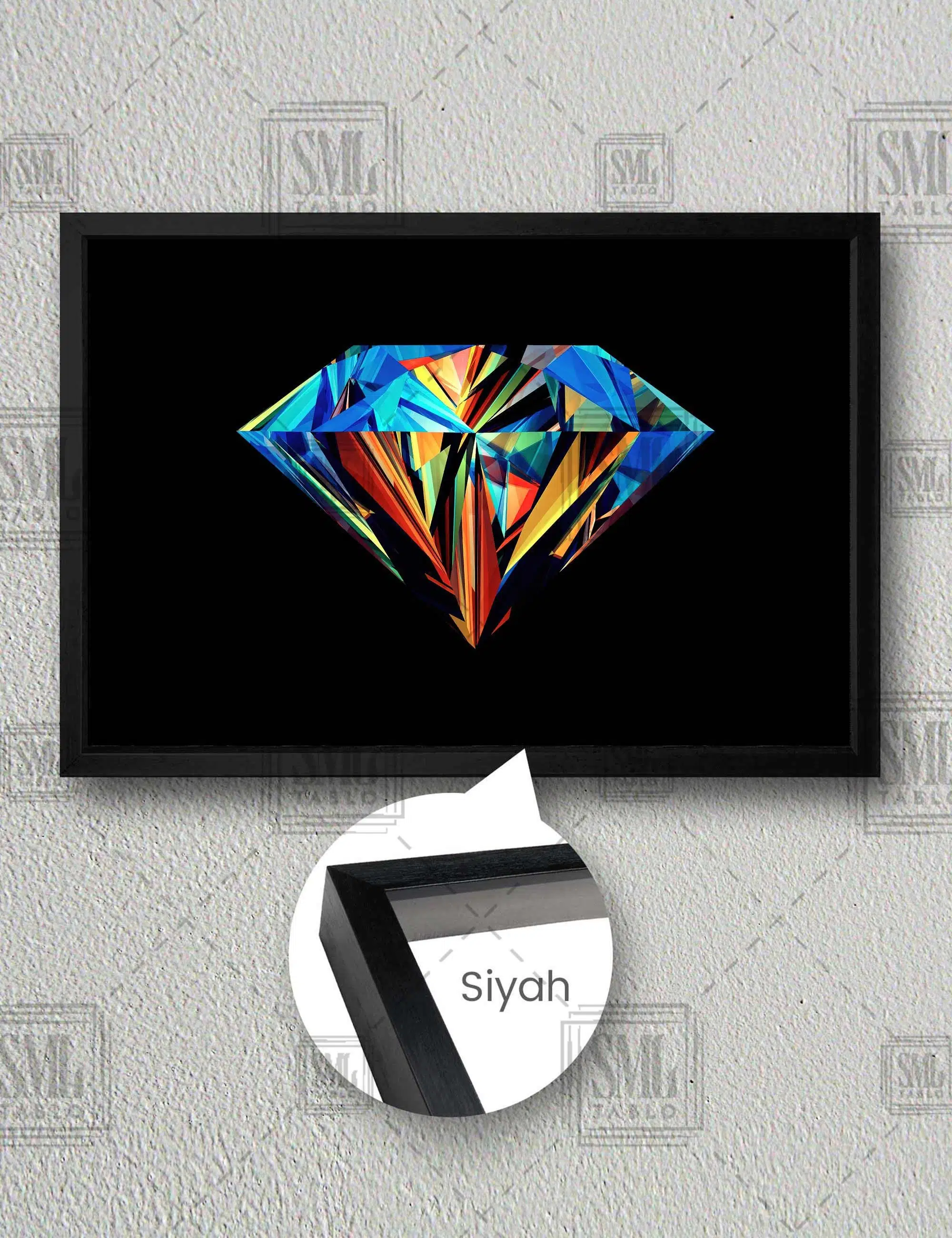 Renkli Elmas İlüstrasyon Diamond Aiyah Fon Yatay Çerçeveli Kanvas Tablo - Siyah
