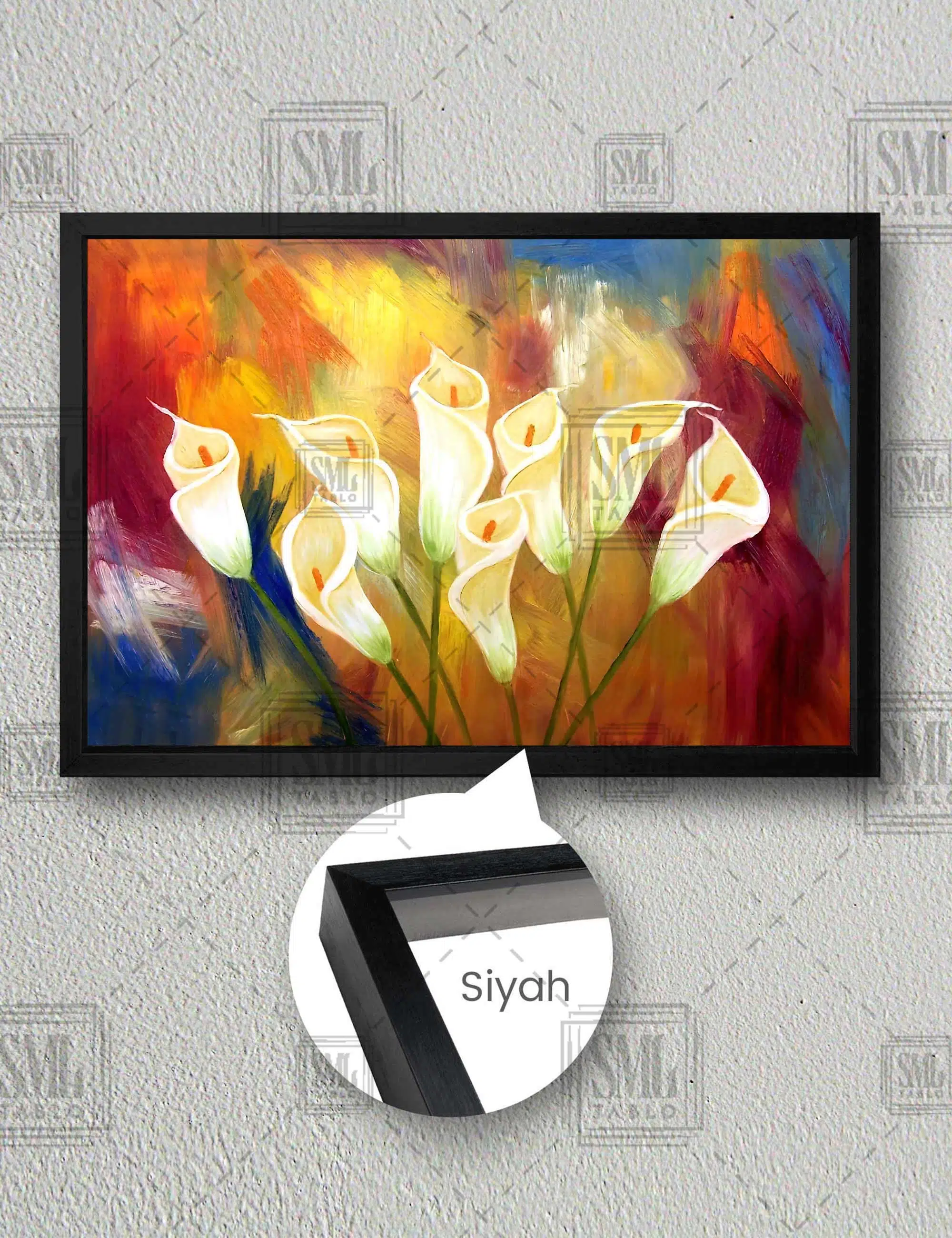 Renkli Fon Önünde Beyaz Büyük Çiçekler Yatay Çerçeveli Kanvas Tablo - Siyah