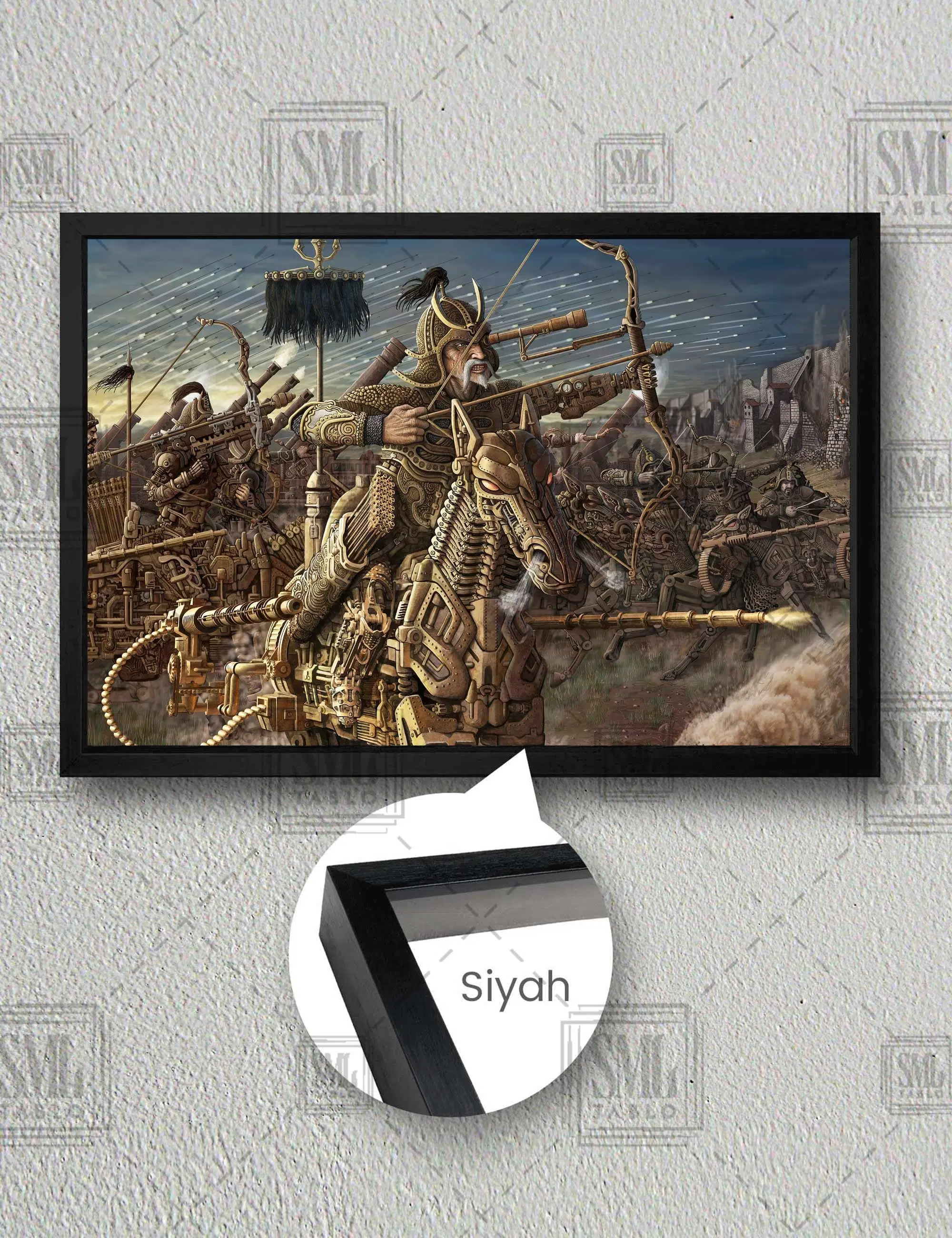 Savaş Ordusu Askerler Ok Yay Demir At Silahlar Yatay Çerçeveli Kanvas Tablo - Siyah