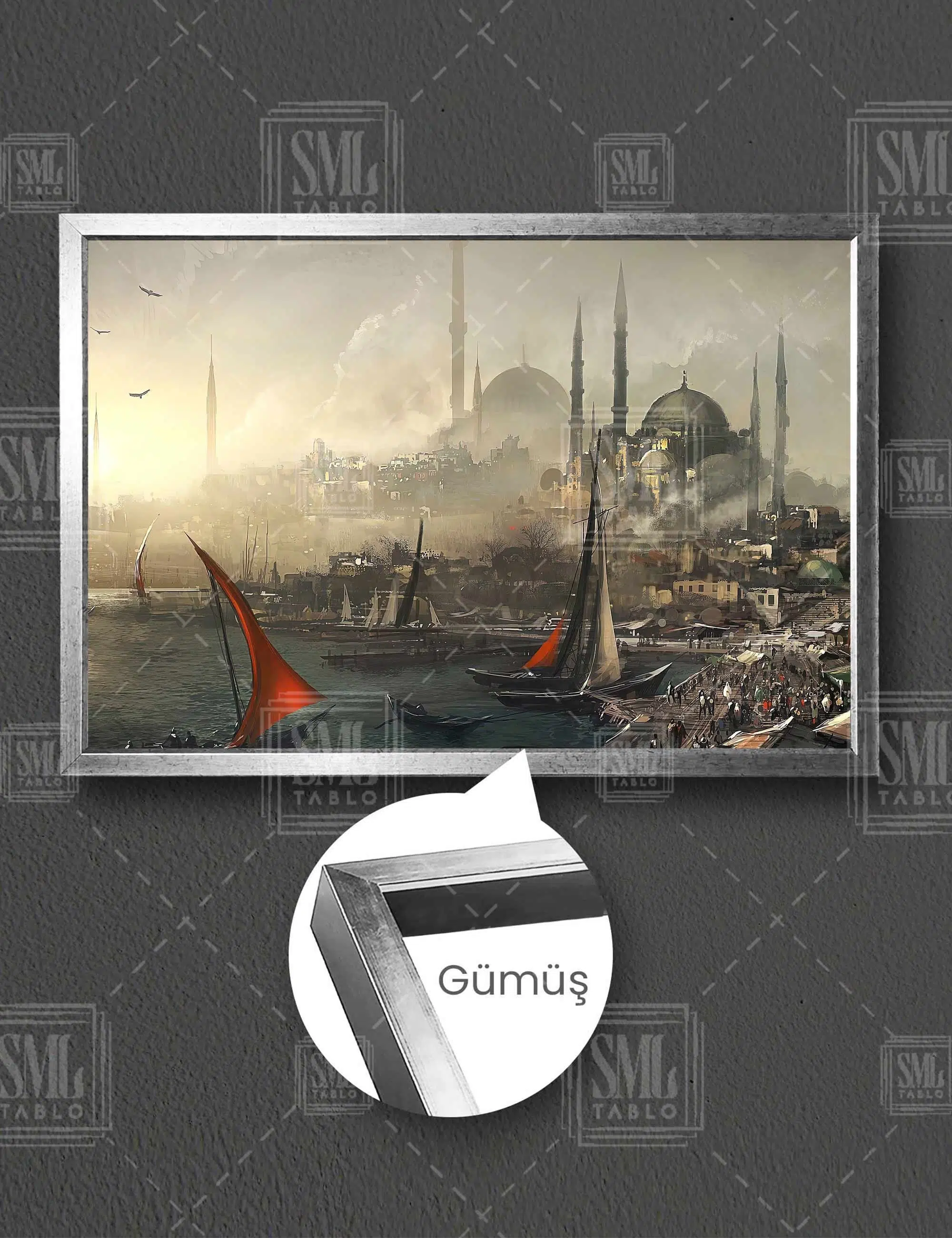 Tarihi İstanbul Silüeti Osmanlı İmparatorluğu Yelkenli Gemiler Yatay Çerçeveli Kanvas Tablo - Gümüş