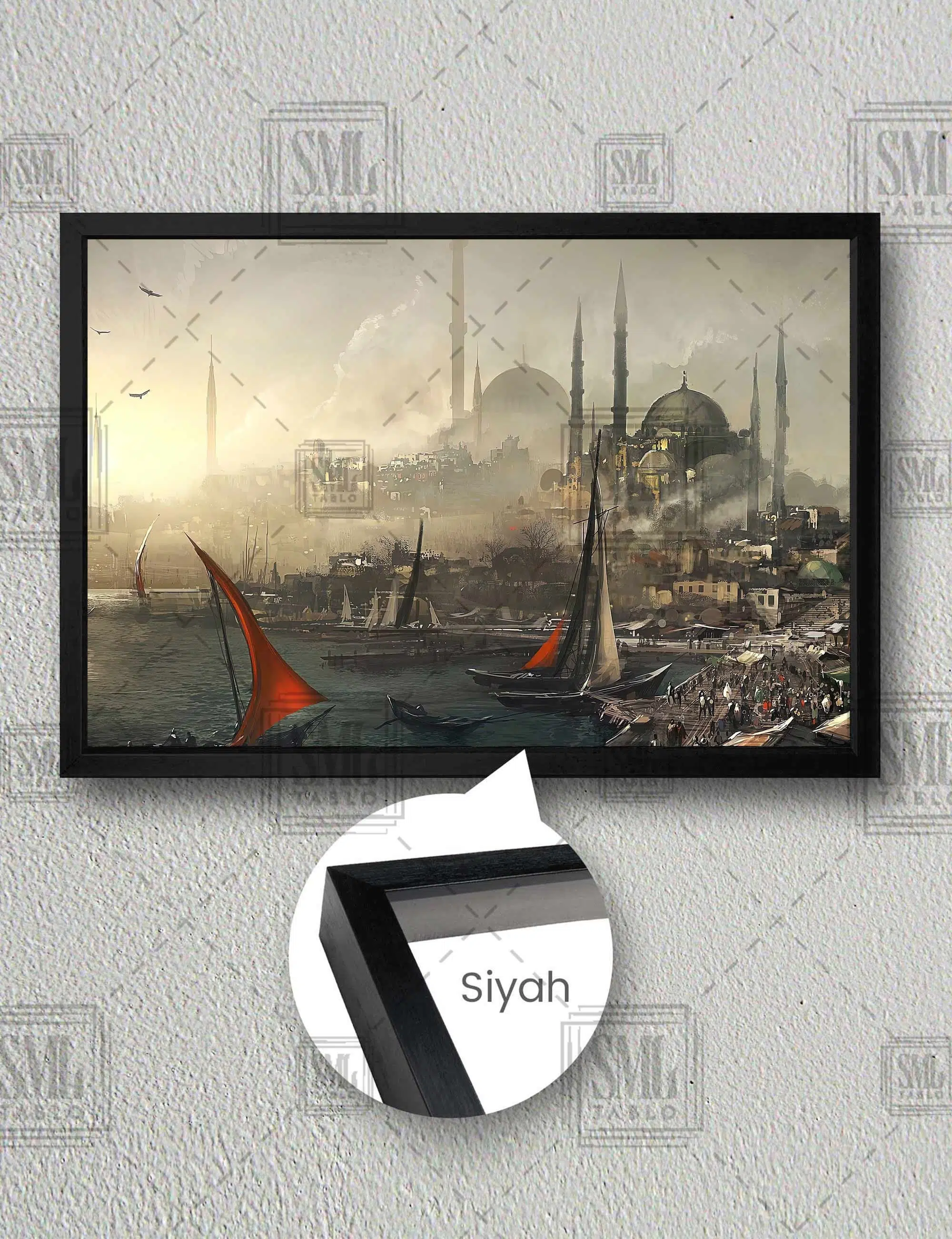 Tarihi İstanbul Silüeti Osmanlı İmparatorluğu Yelkenli Gemiler Yatay Çerçeveli Kanvas Tablo - Siyah