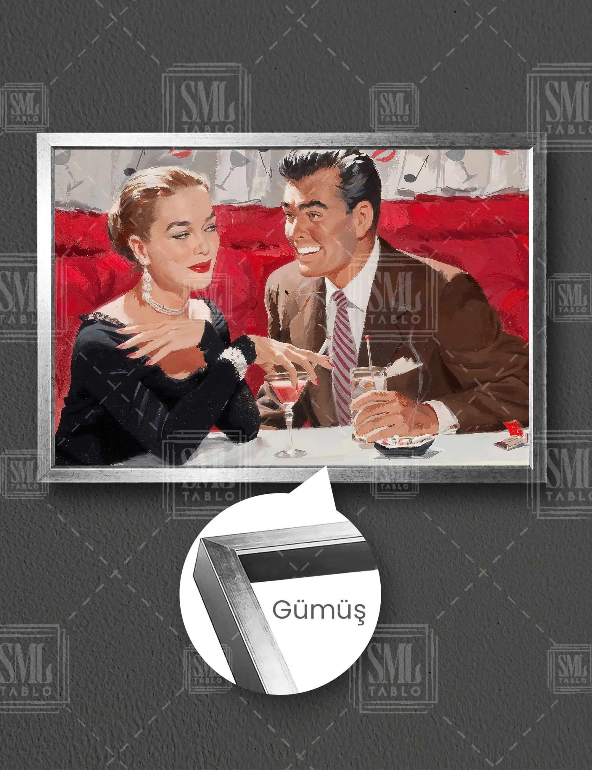 Vintage Poster Date Flört Eden İki Sevgili Yatay Çerçeveli Kanvas Tablo - Siyah