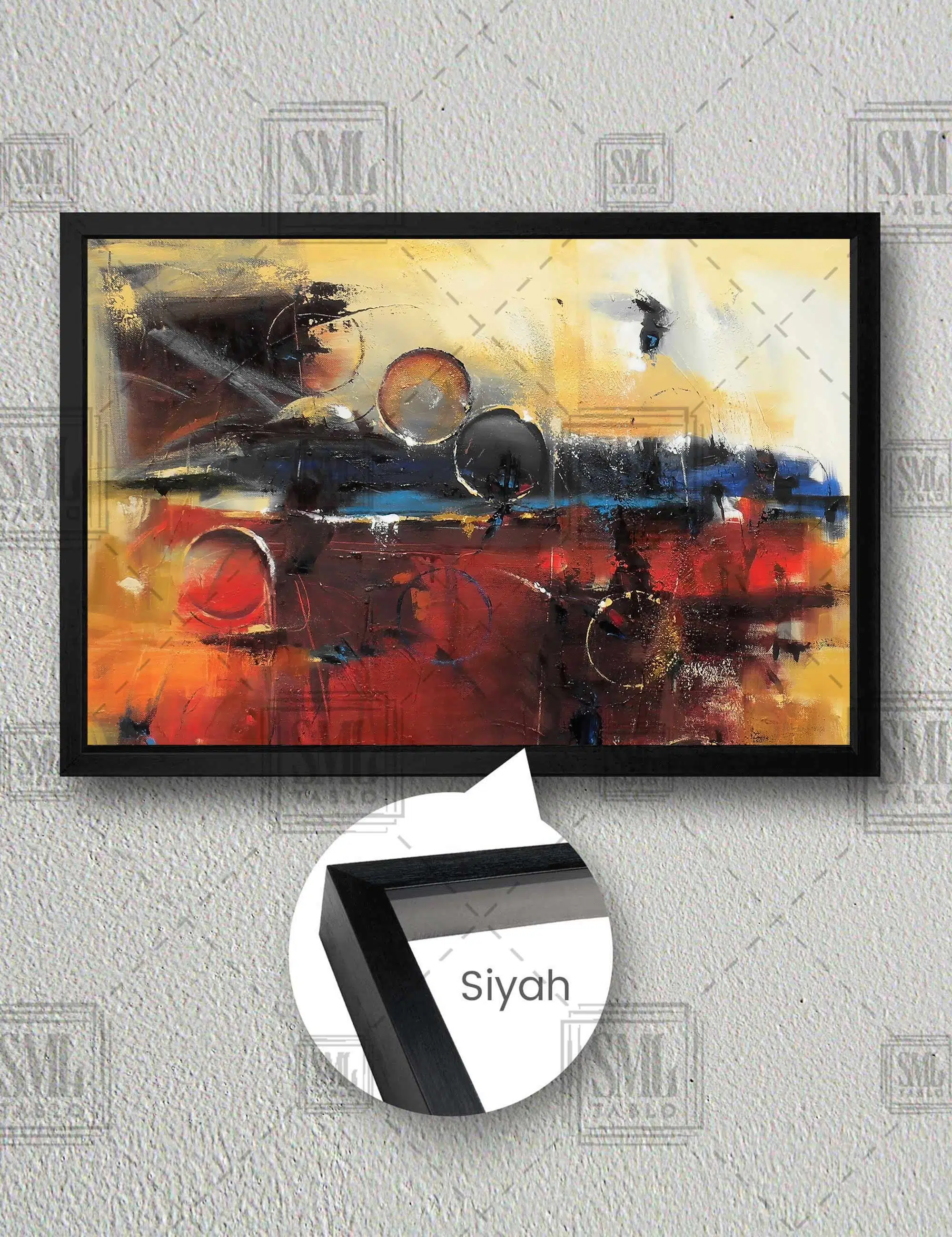 Yuvarlak İzler Ve Bordo Soyut Dekor Yatay Çerçeveli Kanvas Tablo - Siyah