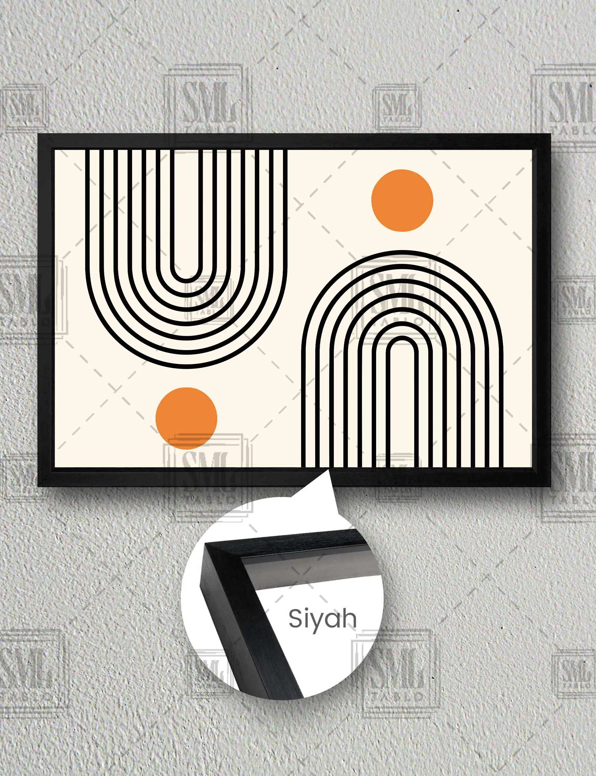 Siyah İçiçe Minimal Çizgiler Ve Sarı Daire İskandinav Tarzı Kanvas Yatay Çerçeveli Kanvas Tablo - Siyah
