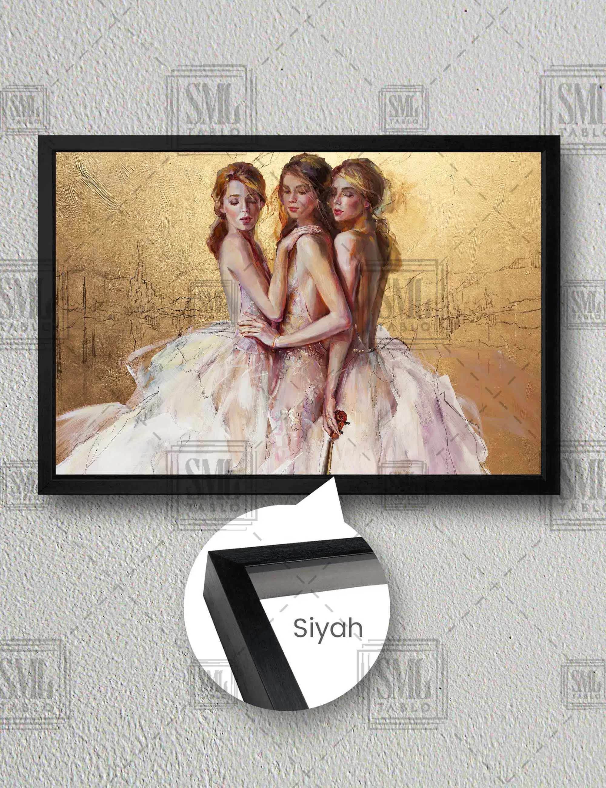 Yaldız Fon Önünde Abiye Elbiseli Üç Kız Fashion Moda Kanvas Yatay Çerçeveli Kanvas Tablo - Siyah