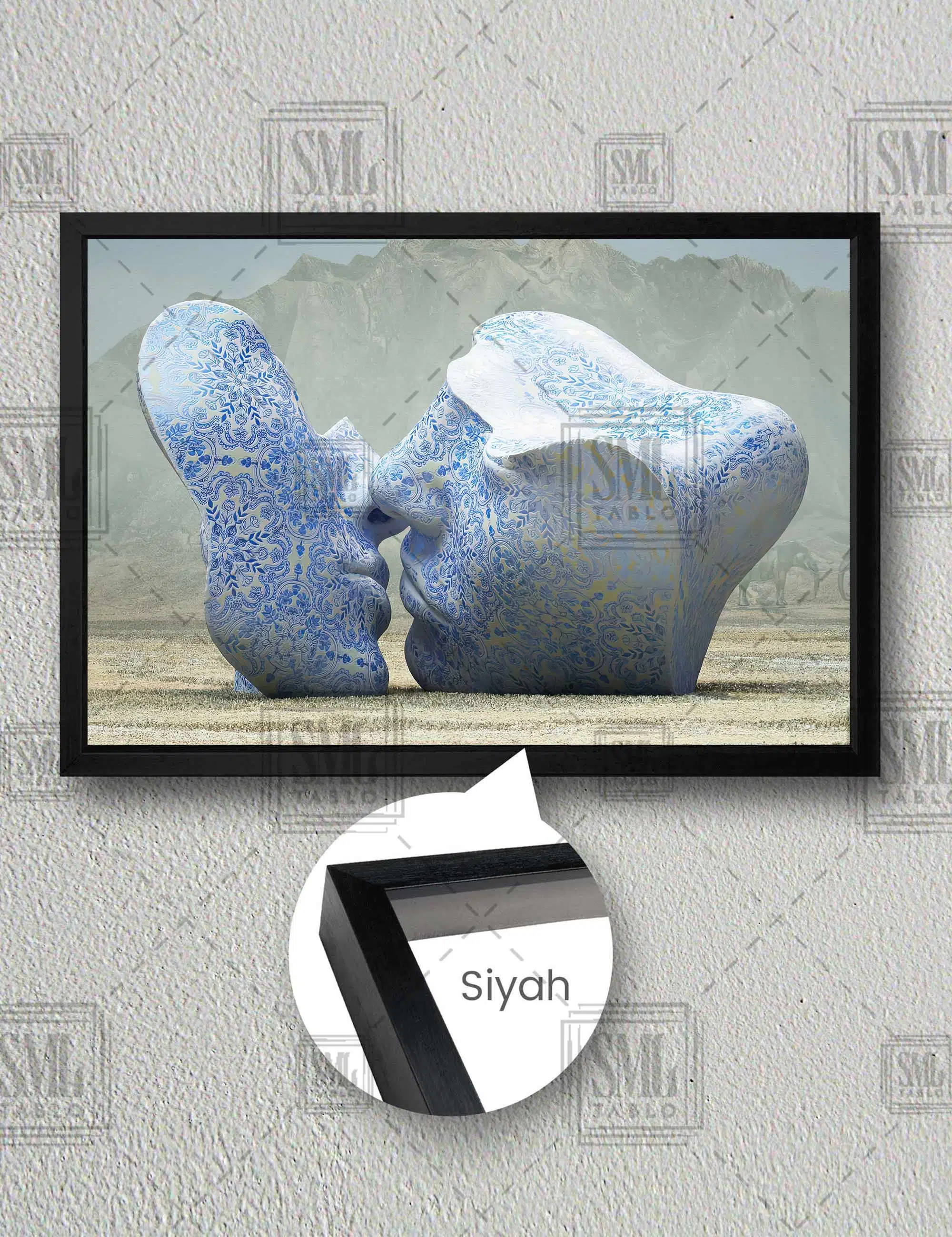Doğada Öpüşen Yarım Porselen Çini İki Yüz Yatay Çerçeveli Kanvas Tablo - Siyah