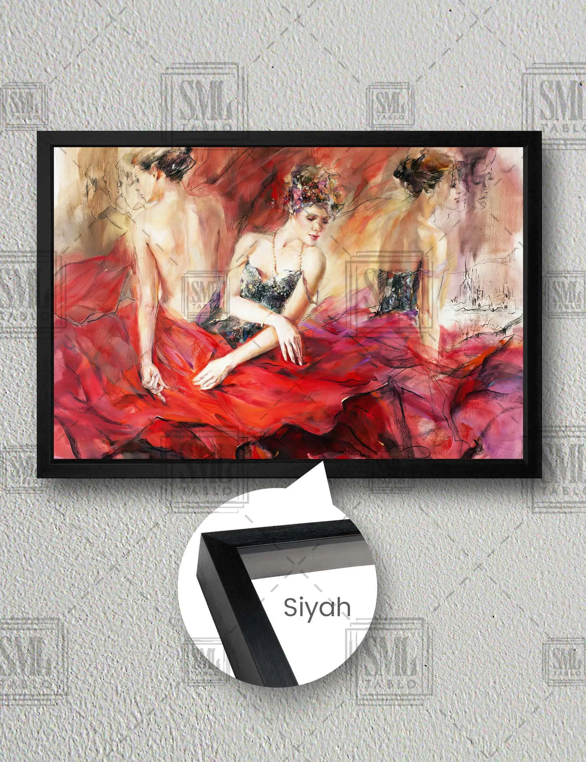 Oturan Kırmızı Abiye Elbiseli Üç Kız Fashıon Moda İlüstrasyonu Yatay Çerçeveli Kanvas Tablo - Siyah