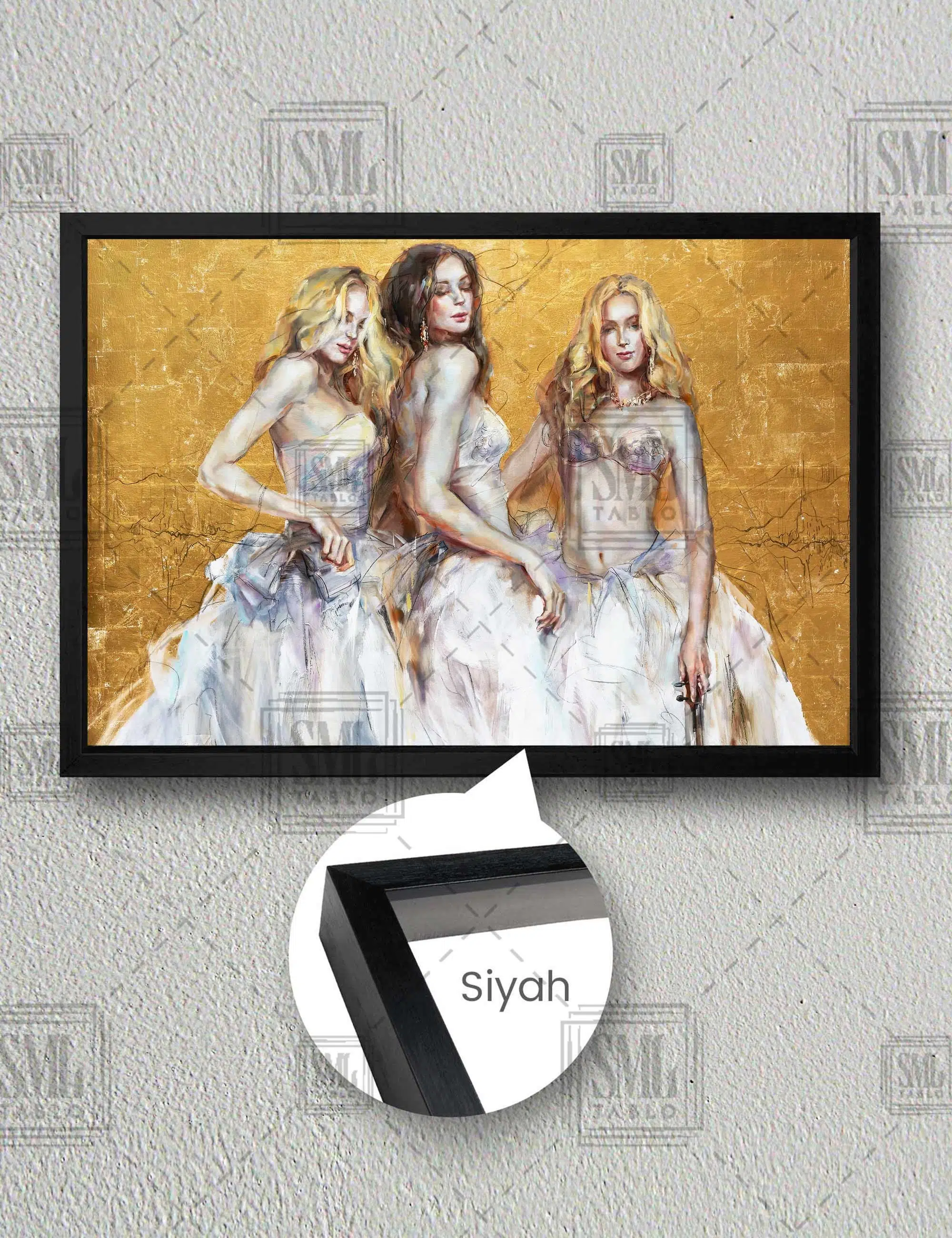 Yaldızlı Fon Önünde Poz Veren Beyaz Elbiseli Oryantal Üç Kadın Moda Yatay Çerçeveli Kanvas Tablo - Siyah