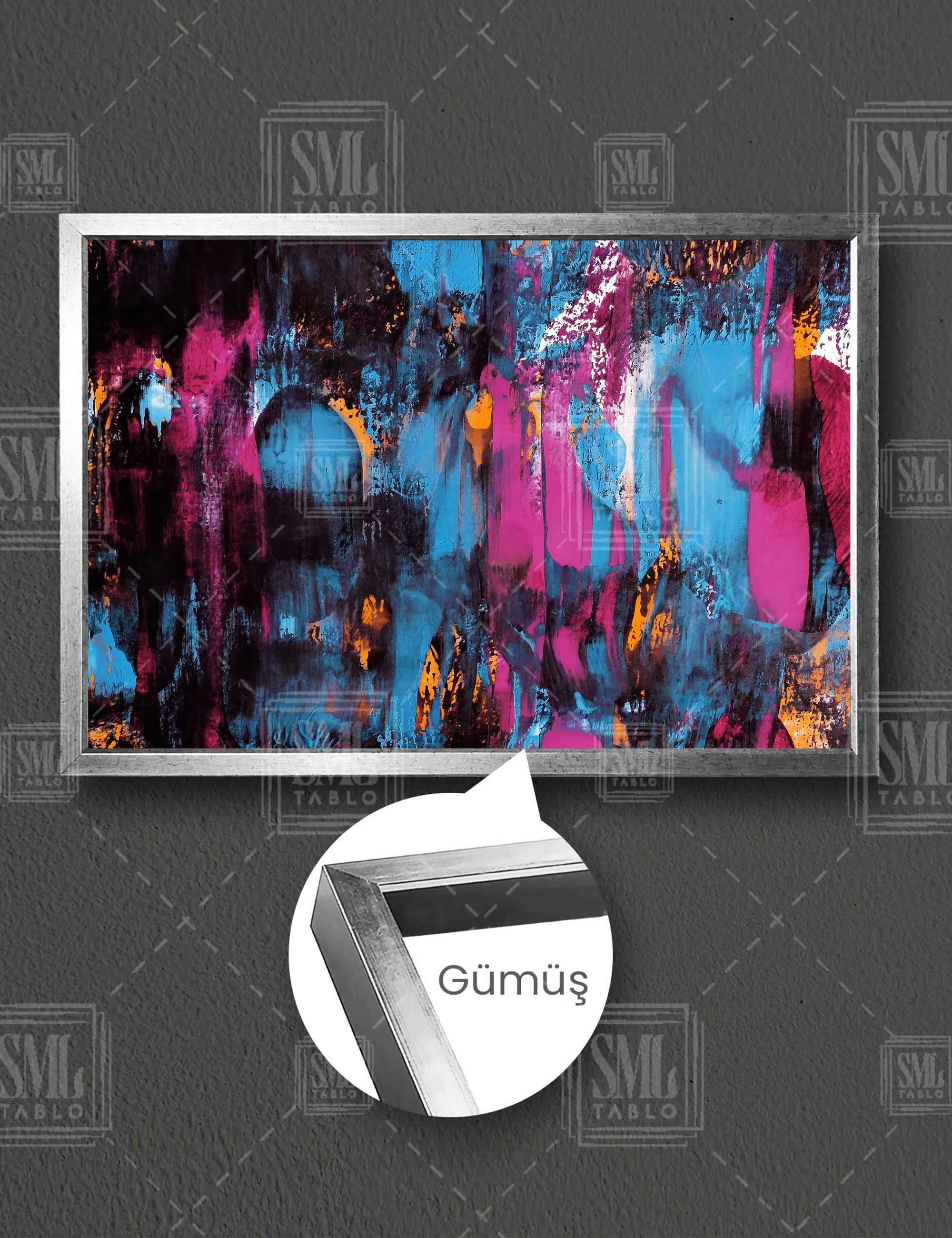 Mavi Pembe Ve Turuncu Renkli Soyut Sanat Yatay Çerçeveli Kanvas Tablo - Gümüş