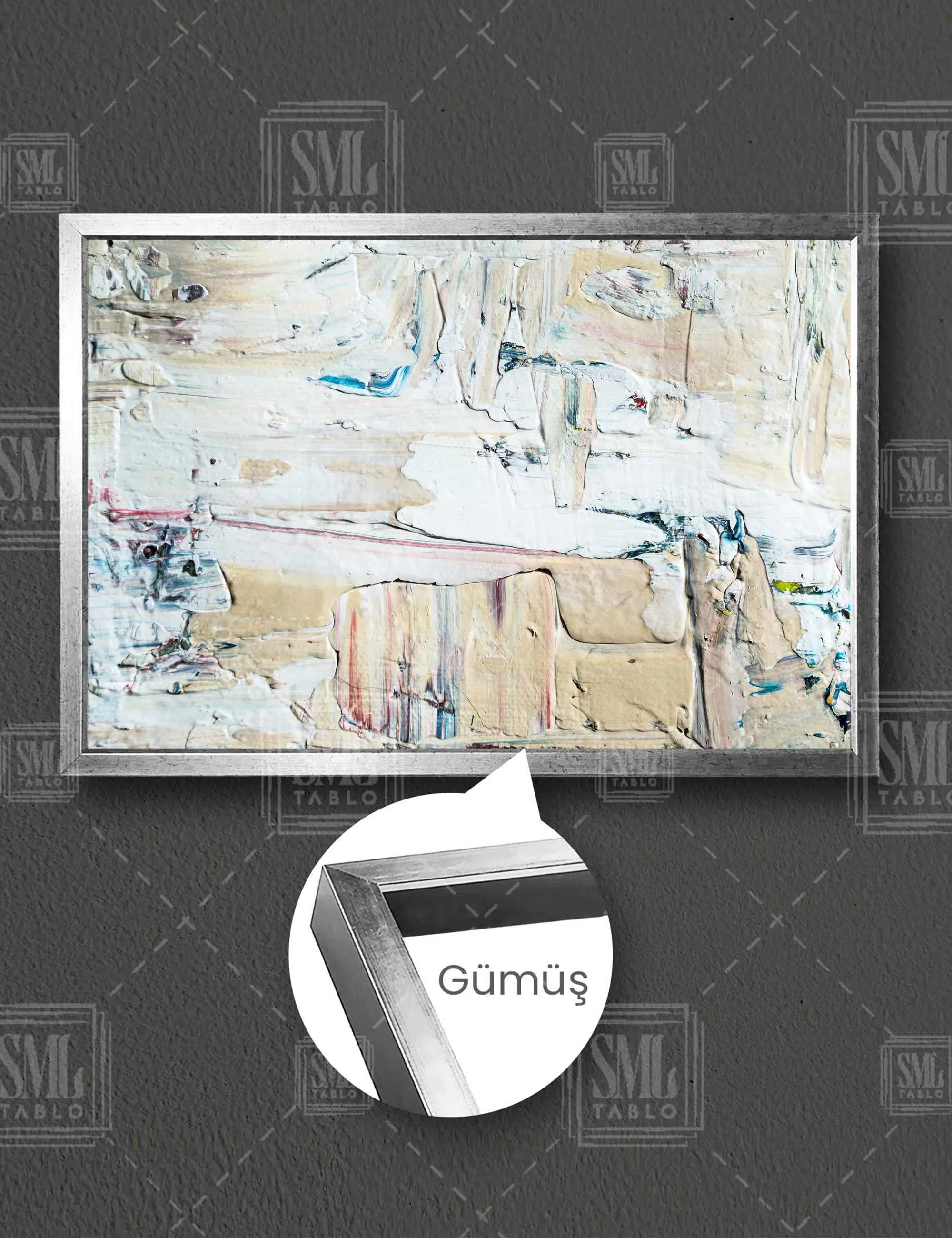 Tuval Üzerinde Boya İzleri Abstract Sanat Yatay Çerçeveli Kanvas Tablo - Gümüş